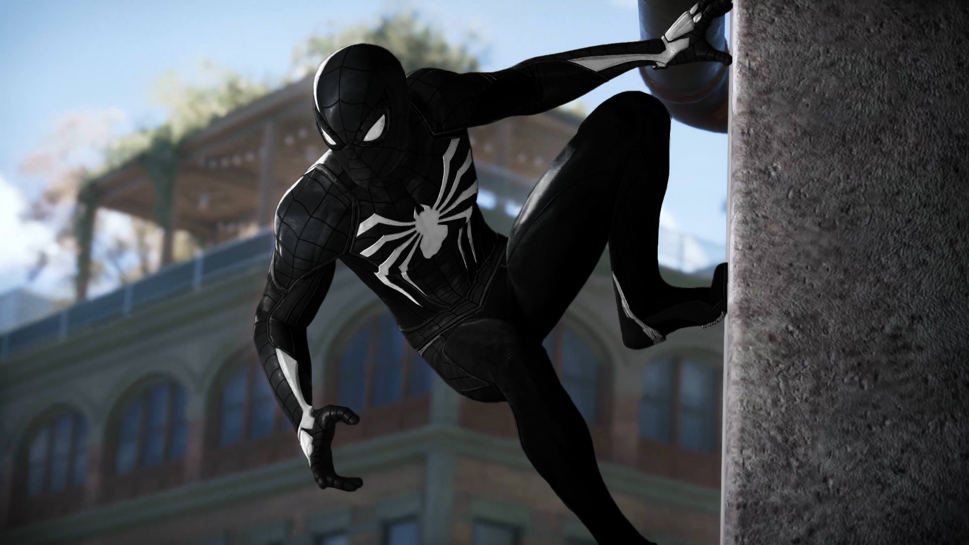Spider-Man in Black Suit Climbing Wall HD Wallpaper