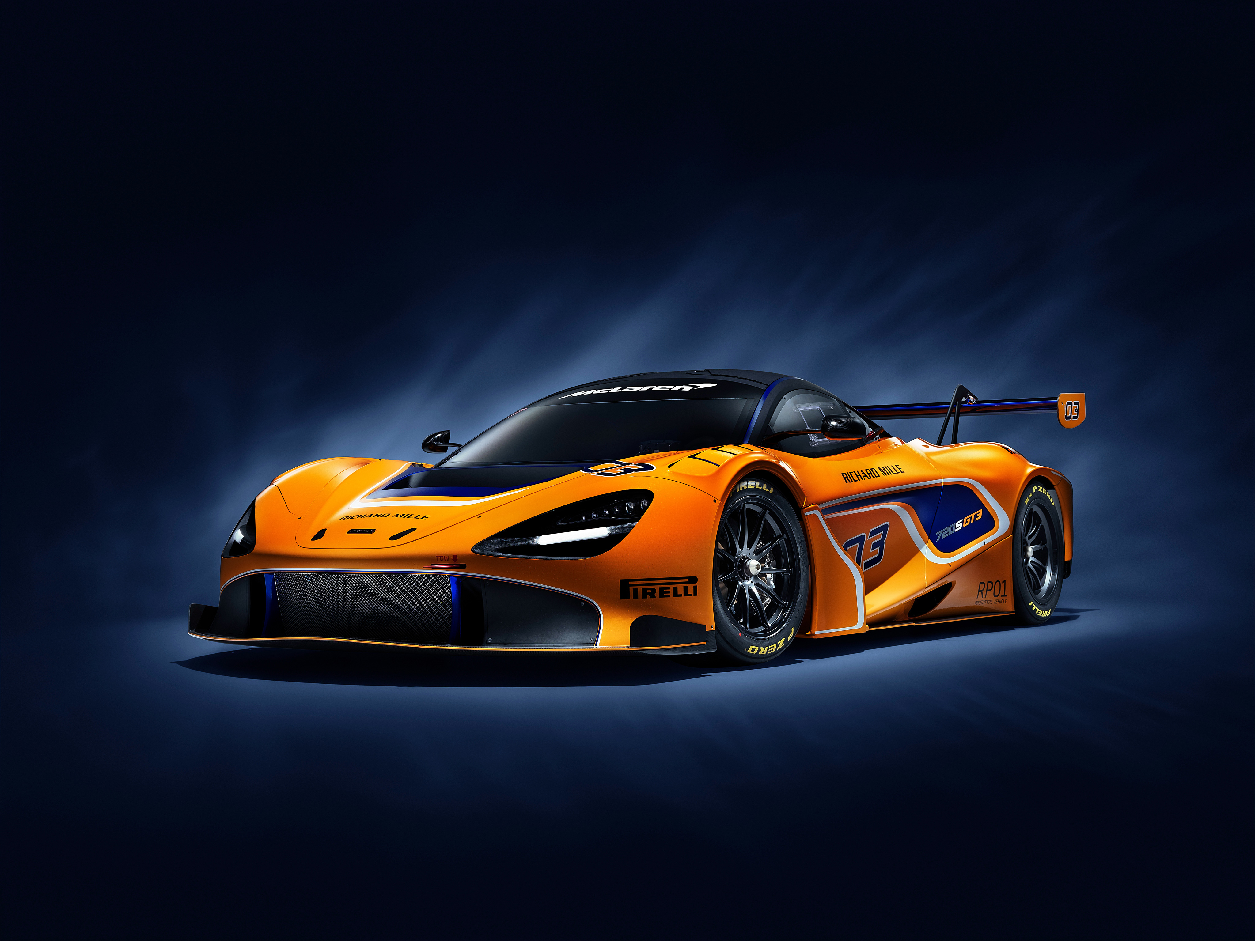 McLaren 720S GT3 race car in orange and blue livery HD Wallpaper