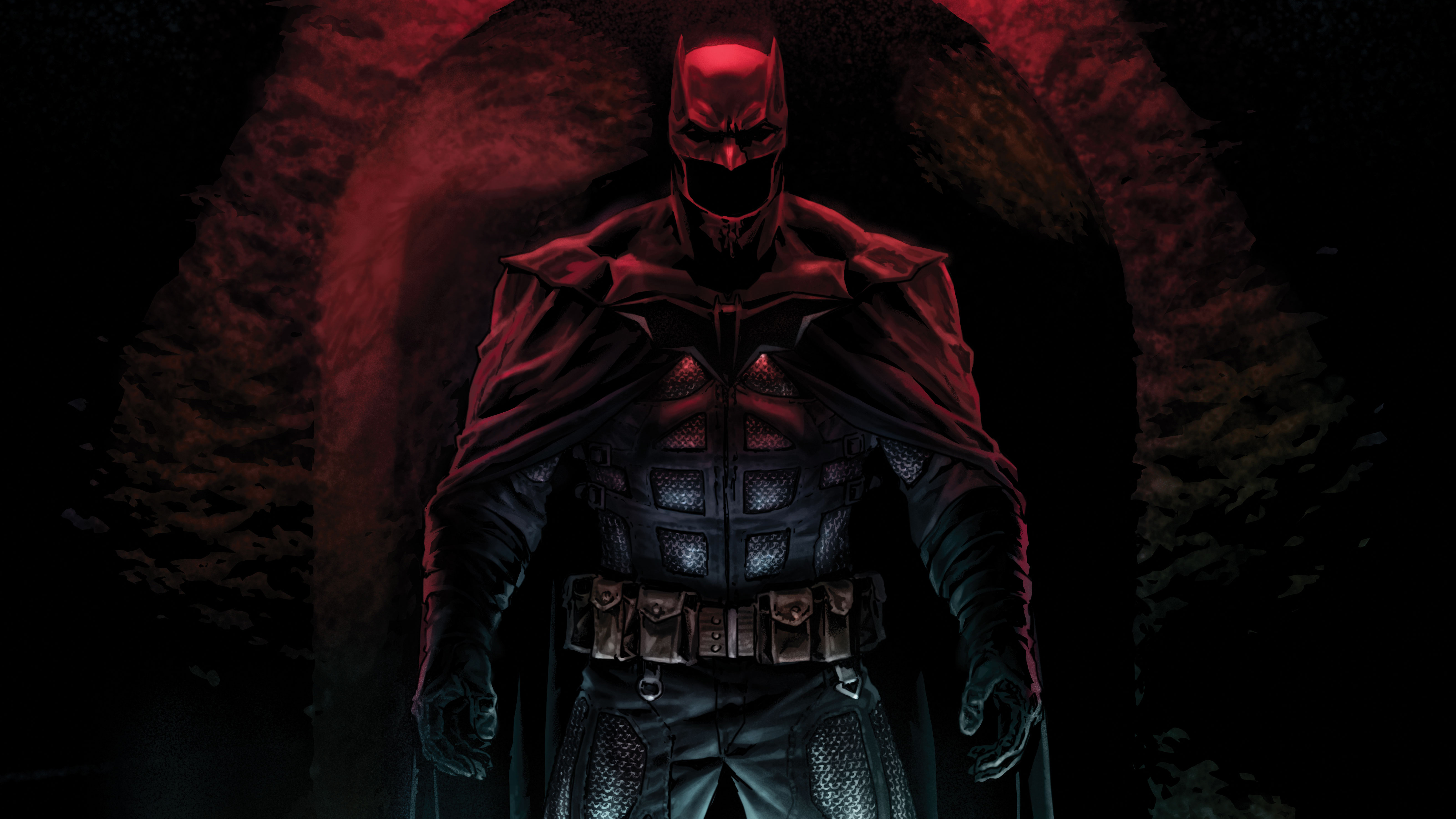 Batman in a dark, red-lit tunnel HD Wallpaper