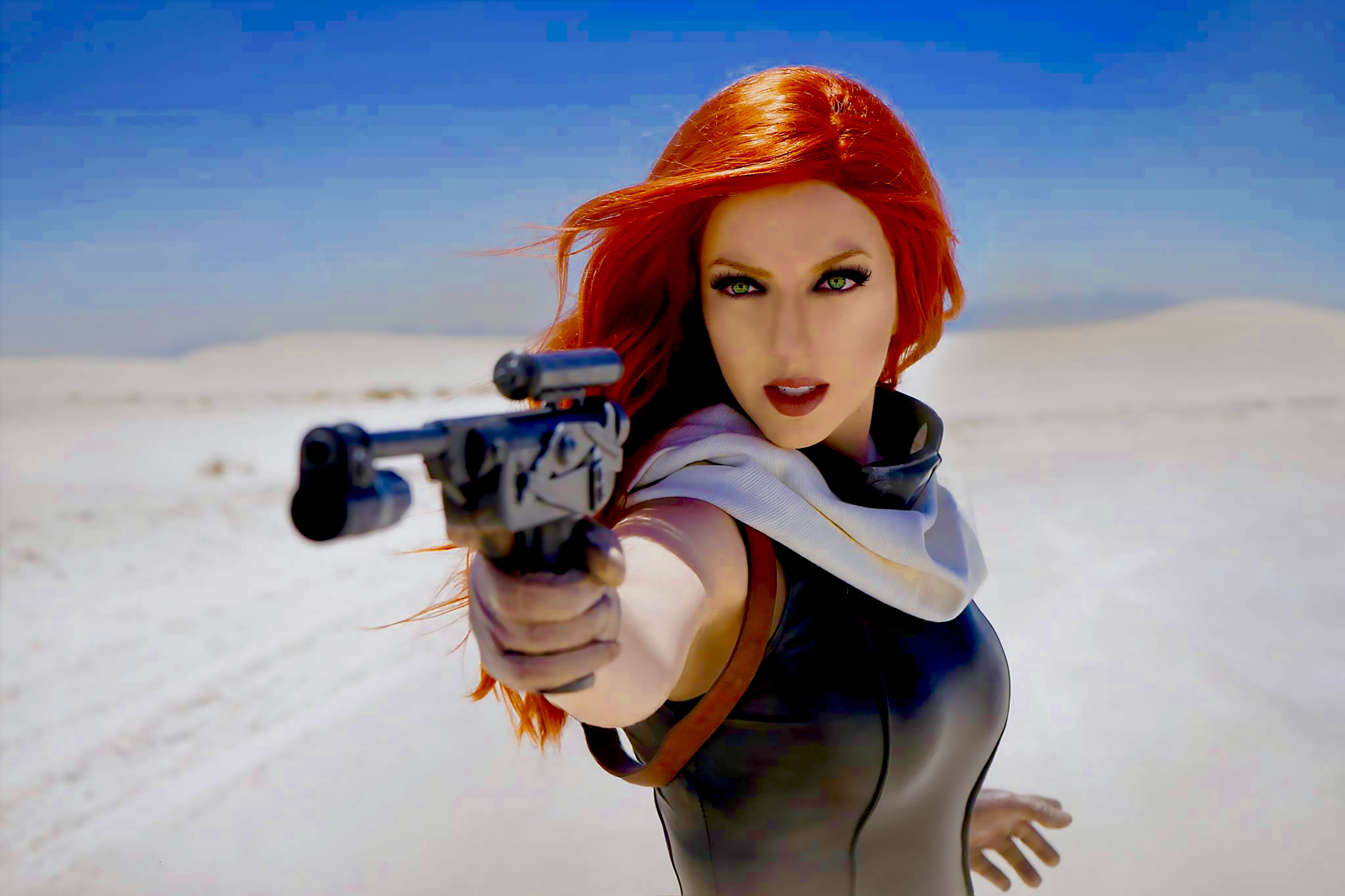 Woman with red hair aiming a blaster in a desert HD Wallpaper
