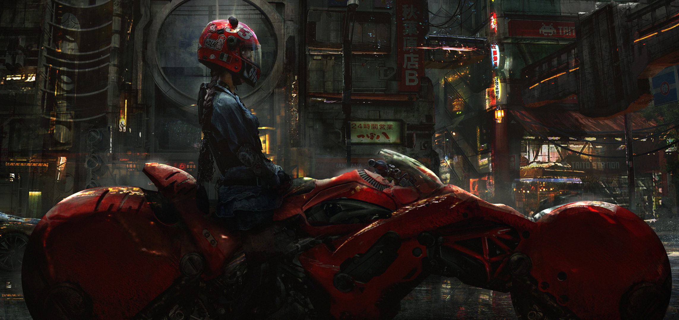Cyberpunk biker on a red motorcycle in a neon city HD Wallpaper