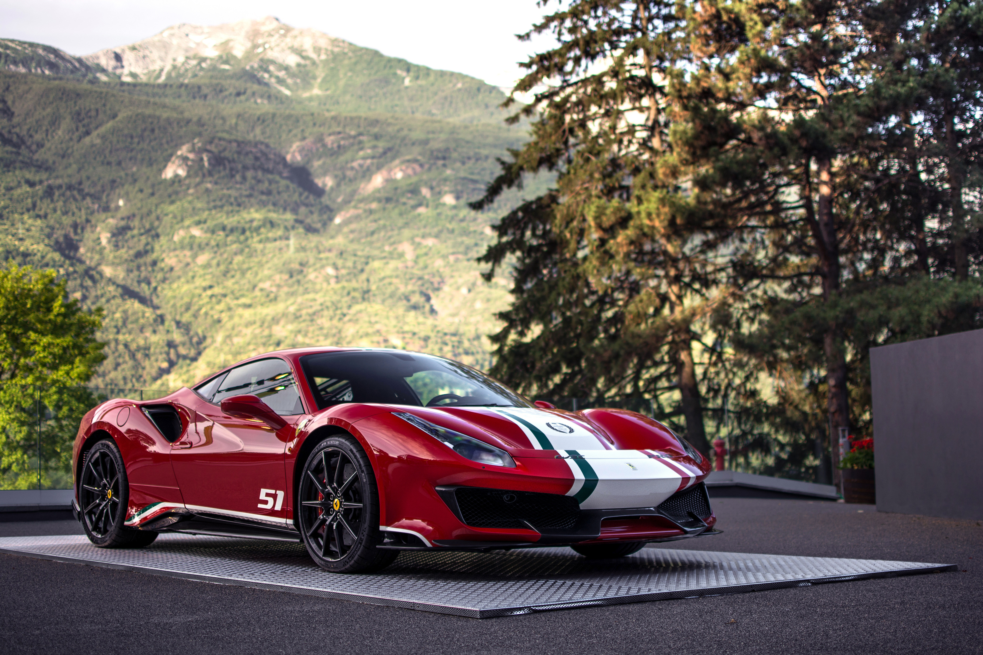 Red Ferrari 488 Pista with racing stripes HD Wallpaper