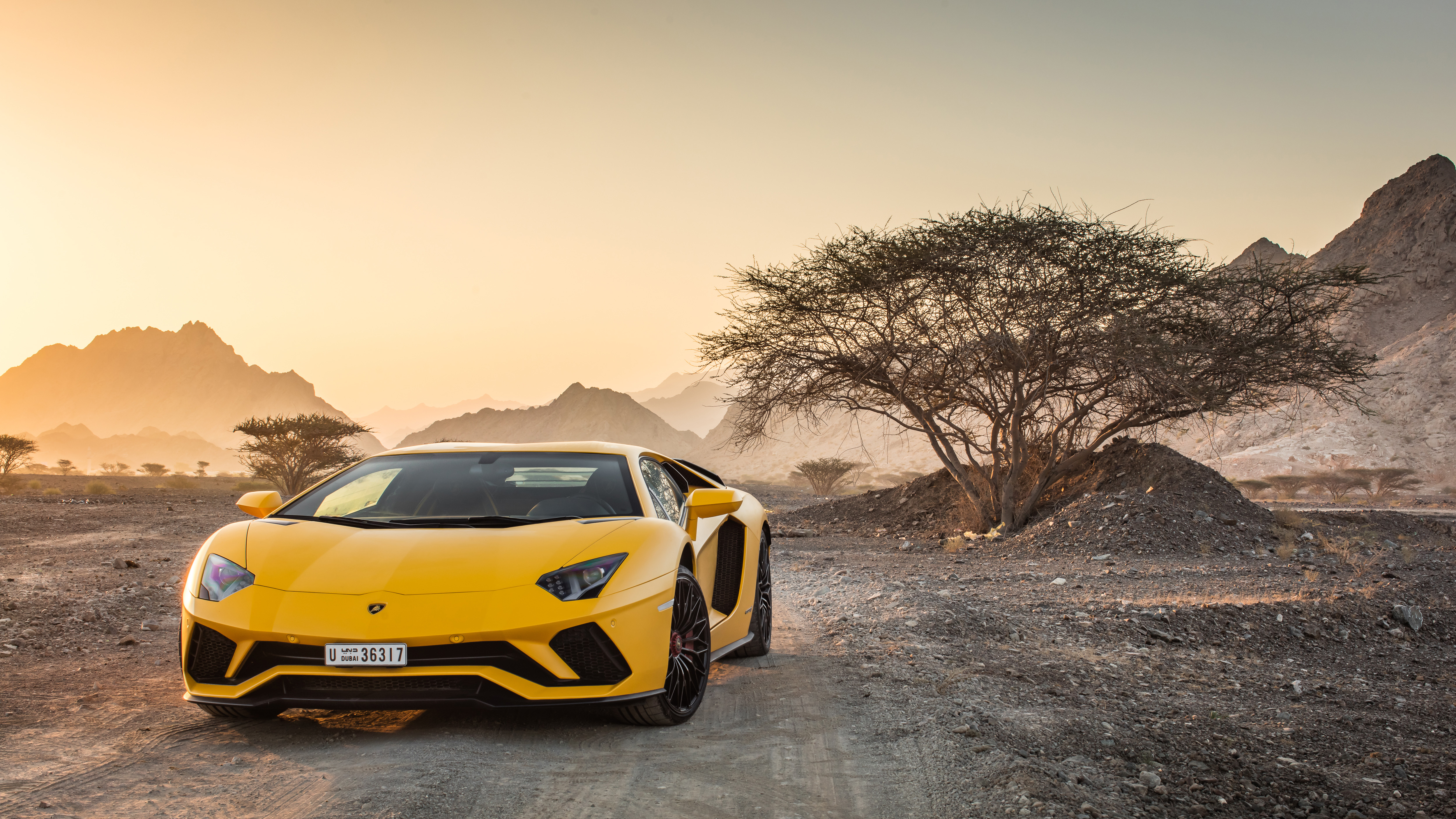 Yellow Lamborghini Aventador in a desert landscape HD Wallpaper
