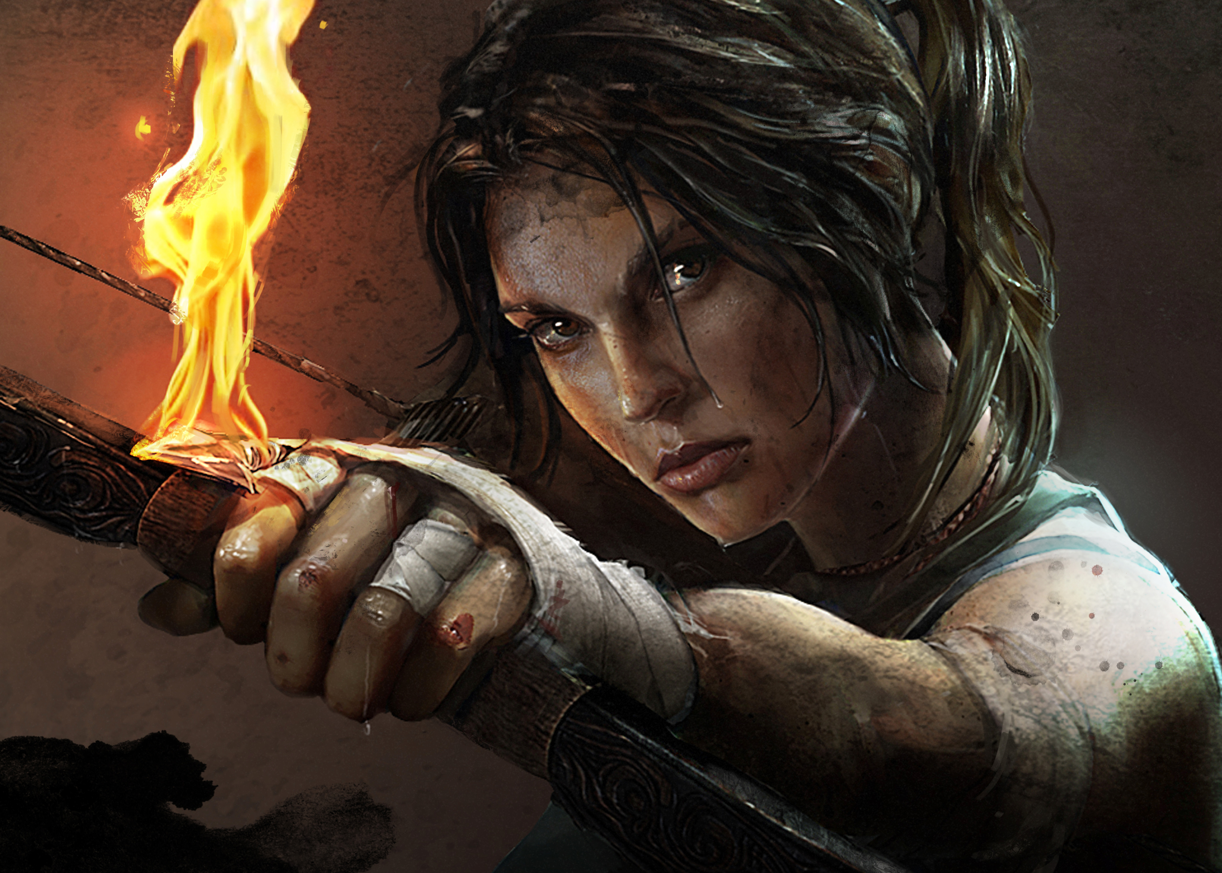 Lara Croft with flaming arrow in Tomb Raider 4K HD Wallpaper