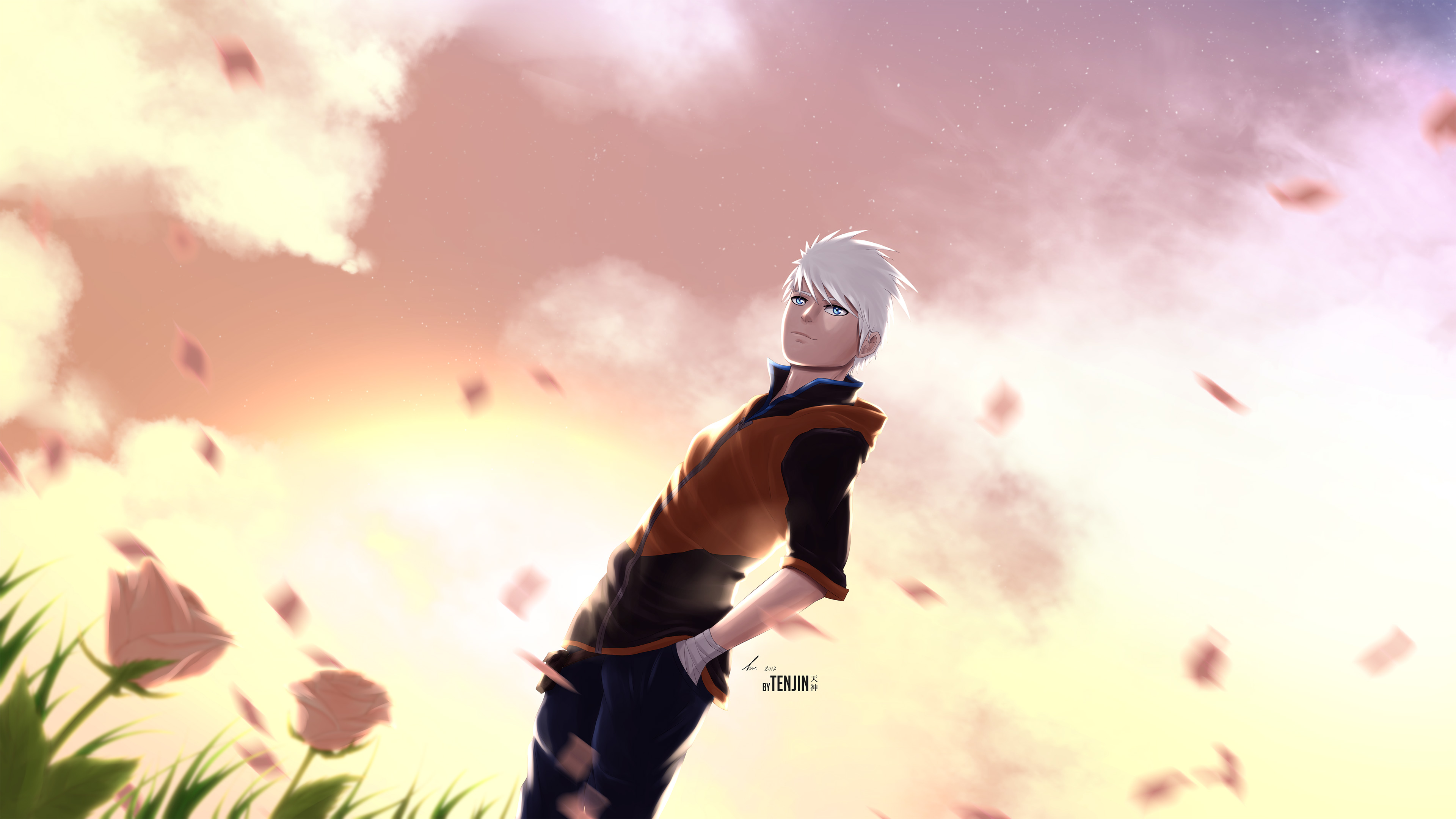 Anime boy with white hair in a field of flowers HD Wallpaper