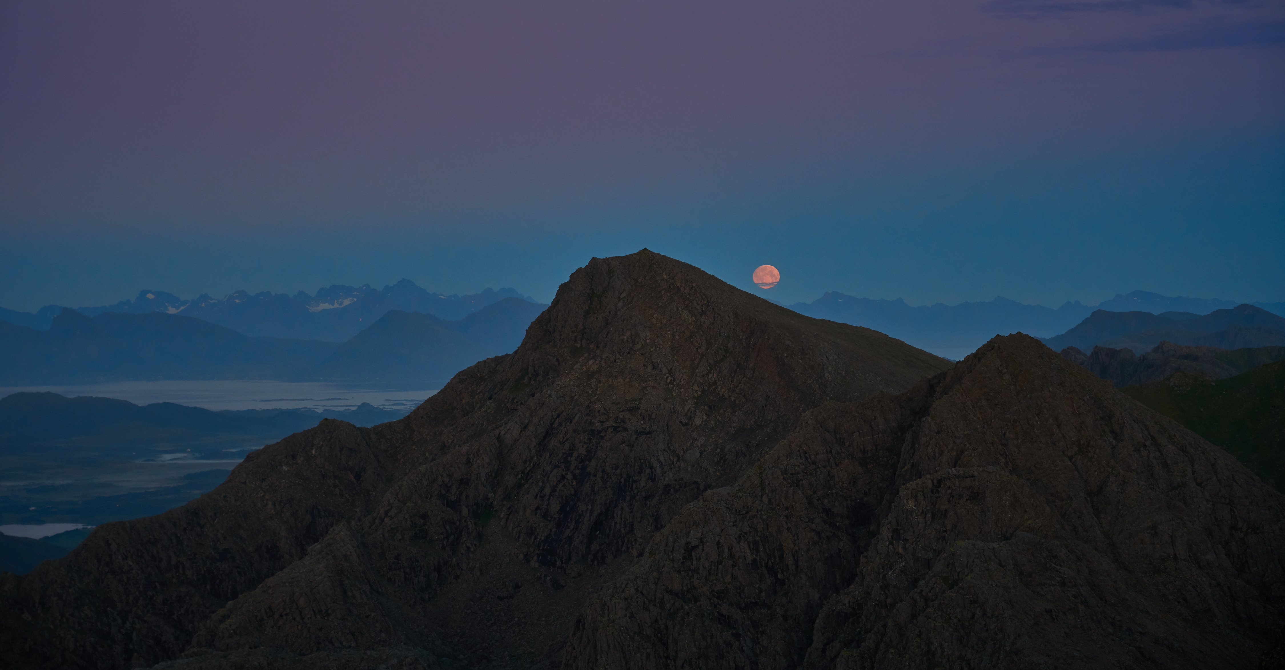 Moon rising over mountains at twilight HD Wallpaper