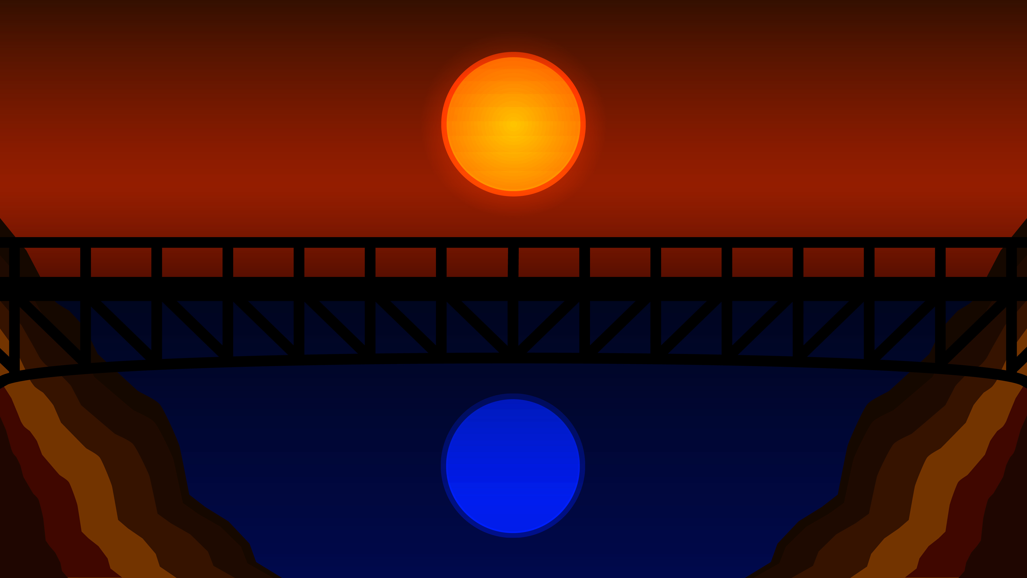 Minimalist bridge over water with two suns HD Wallpaper