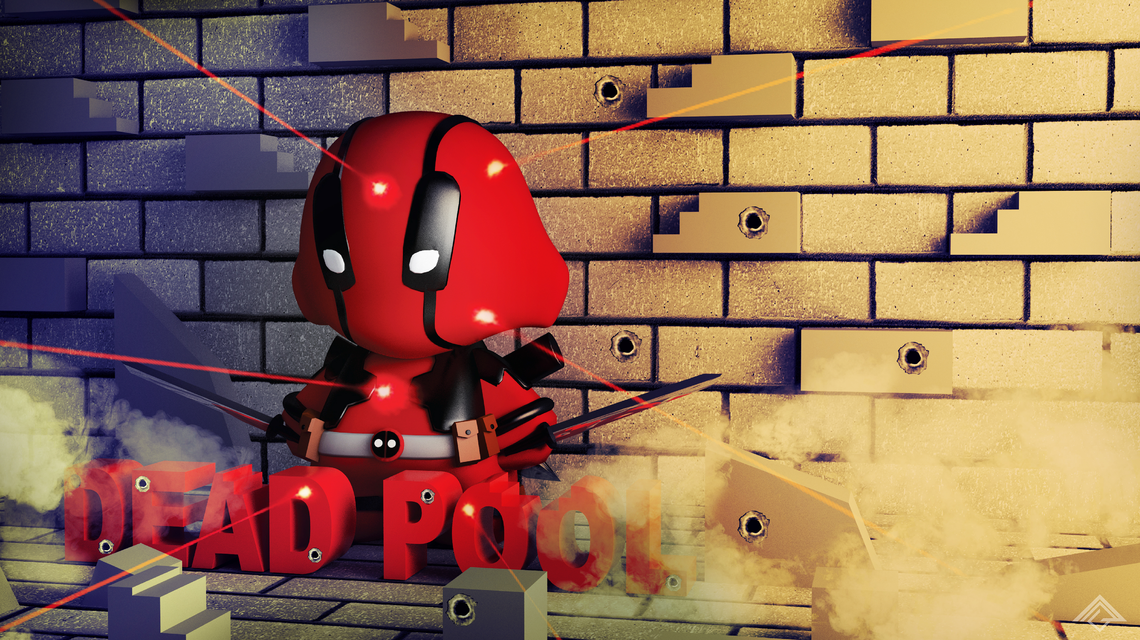 Chibi Deadpool with Swords and Bullet Holes HD Wallpaper