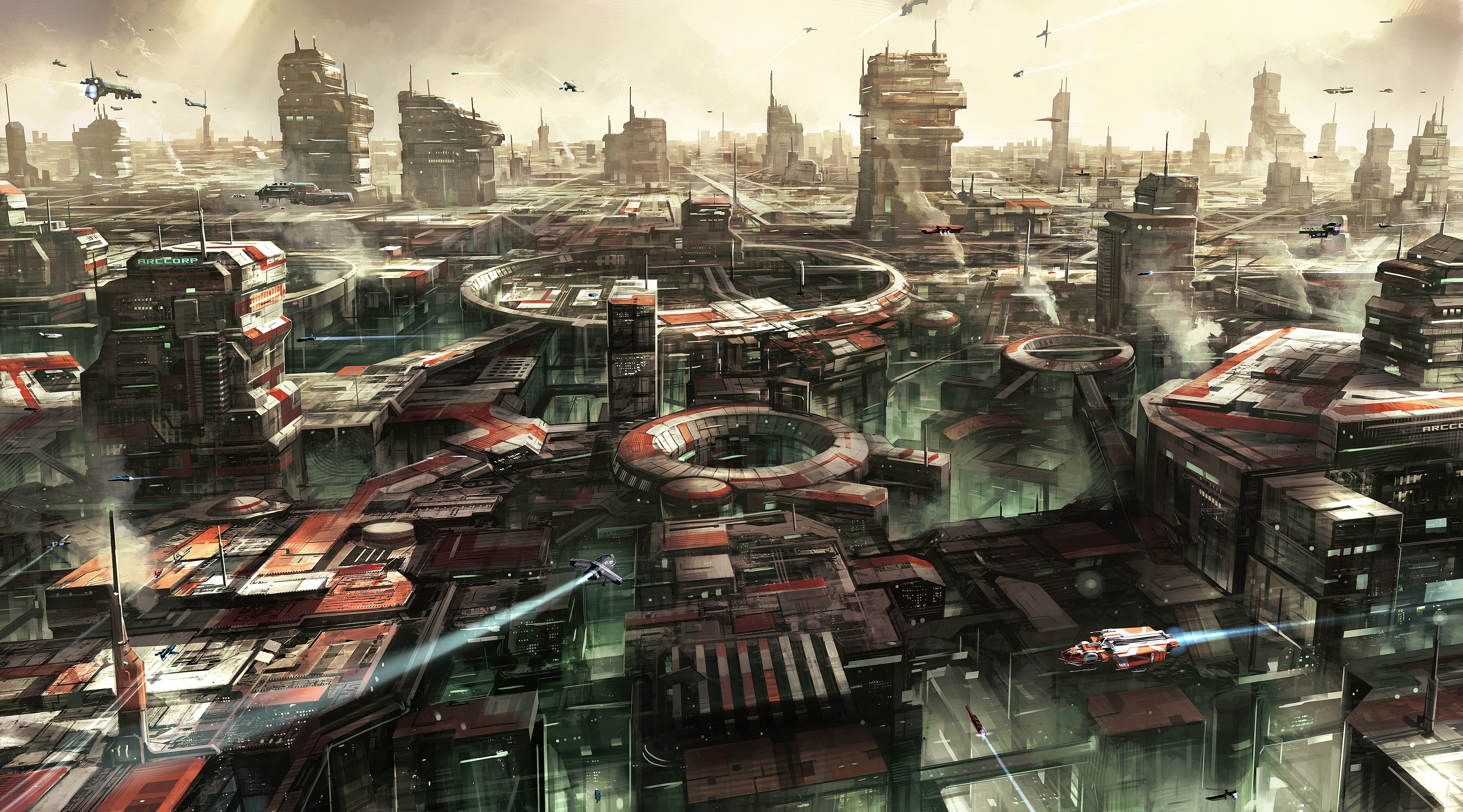 Star Citizen 4K futuristic cityscape with flying vehicles HD Wallpaper