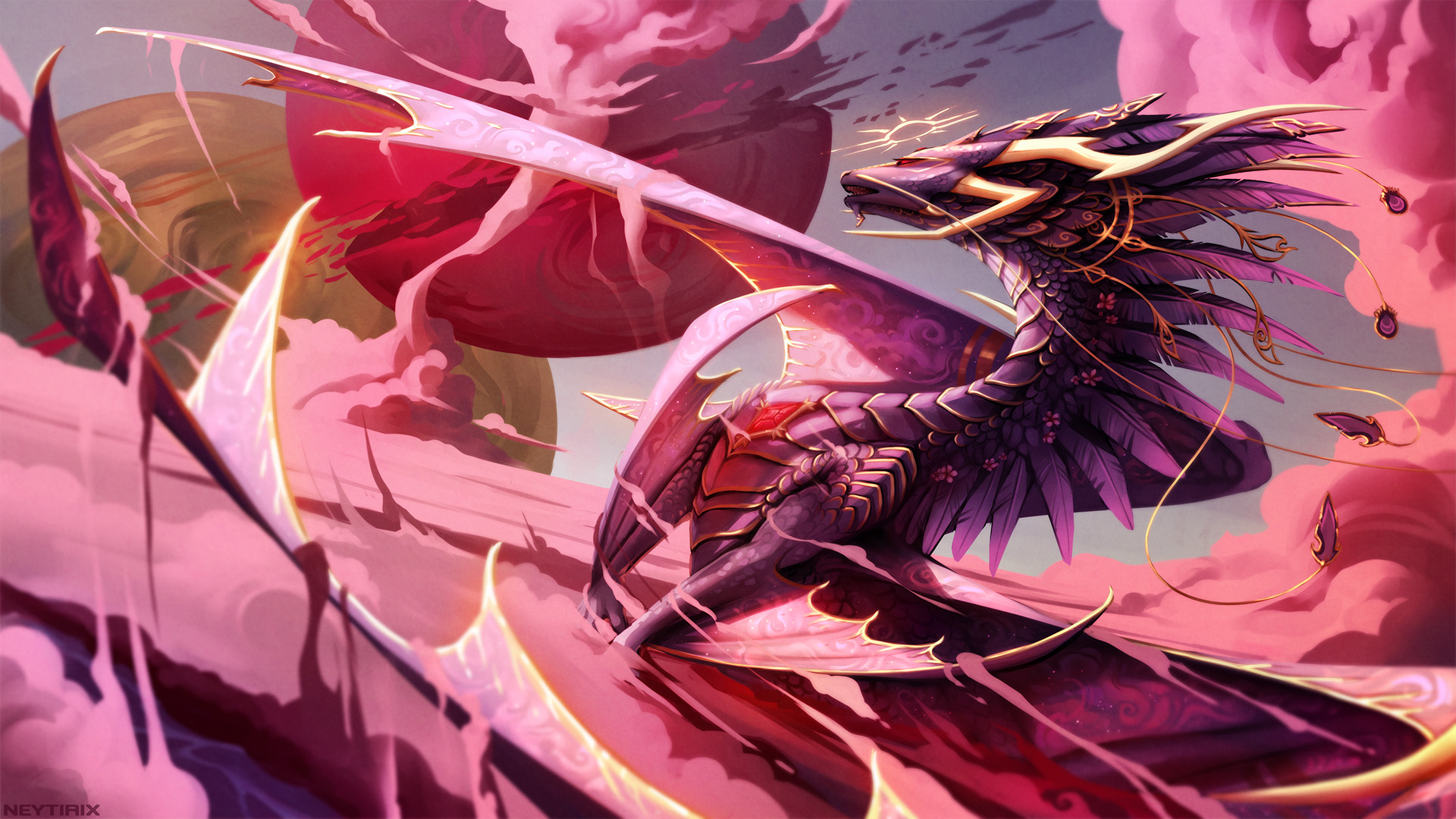 Purple dragon with golden accents in a pink fantasy landscape HD Wallpaper