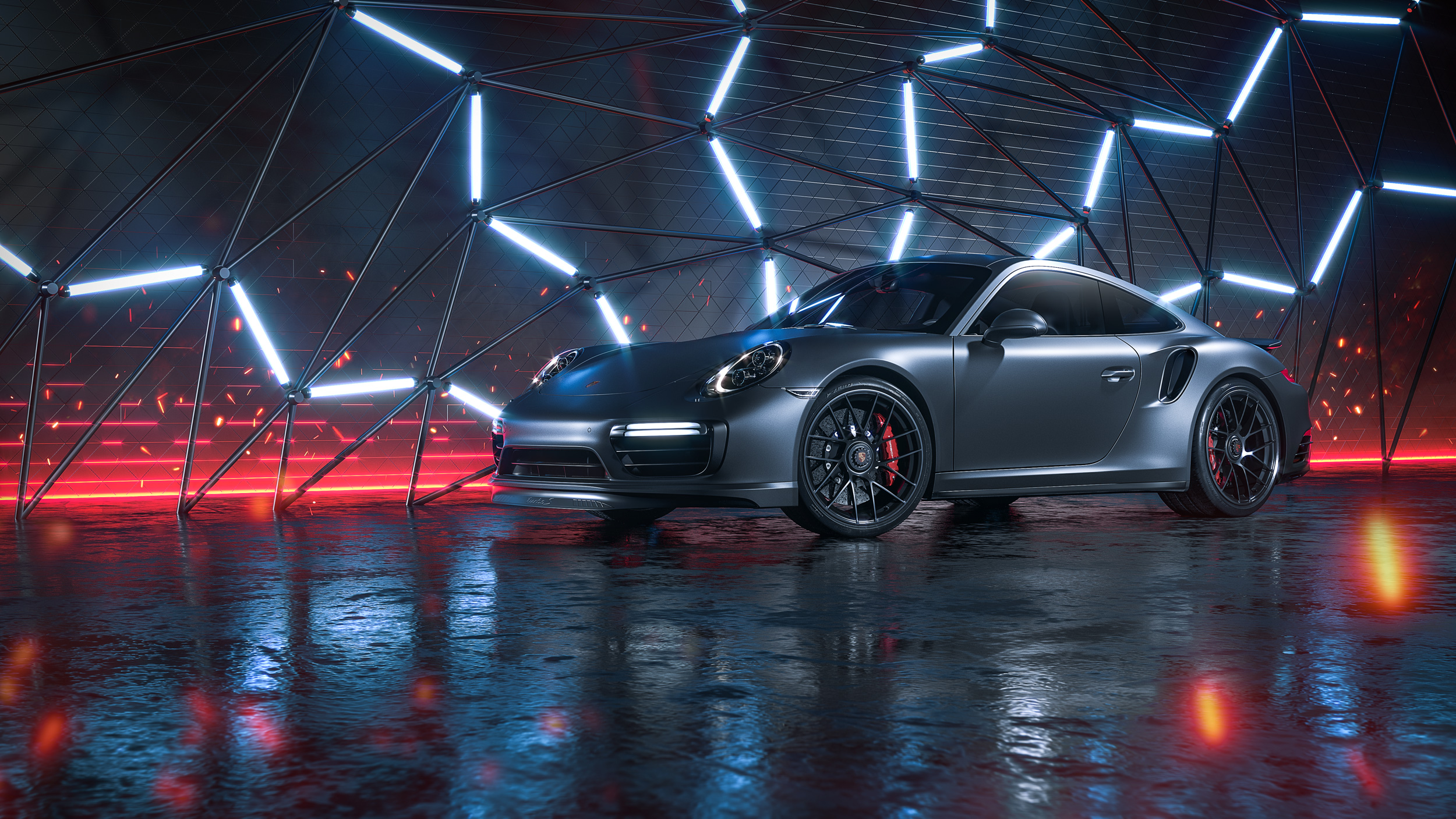 Gray Porsche 911 Turbo S in a futuristic setting HD Wallpaper