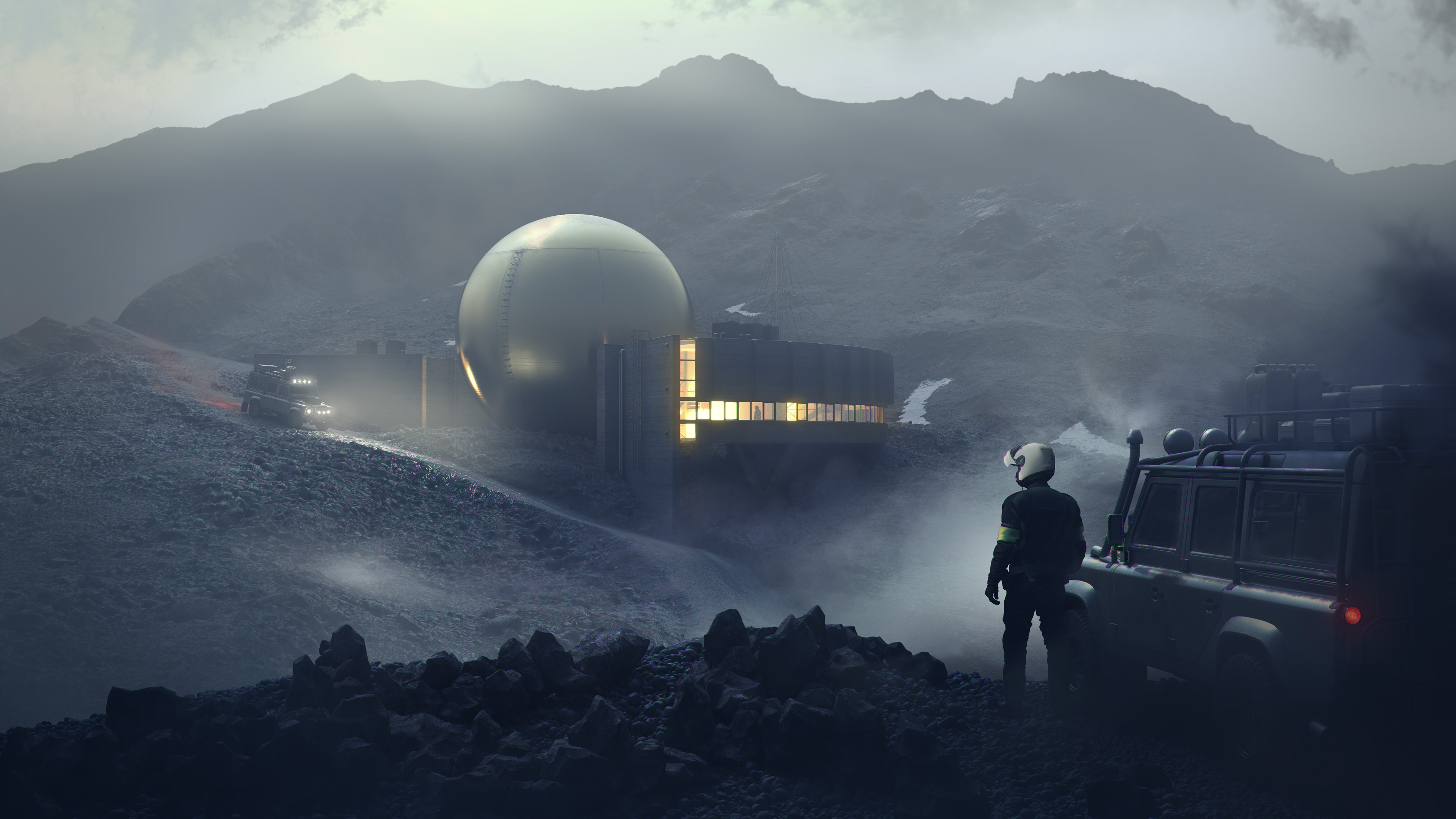 Sci-fi outpost in a desolate mountain landscape HD Wallpaper