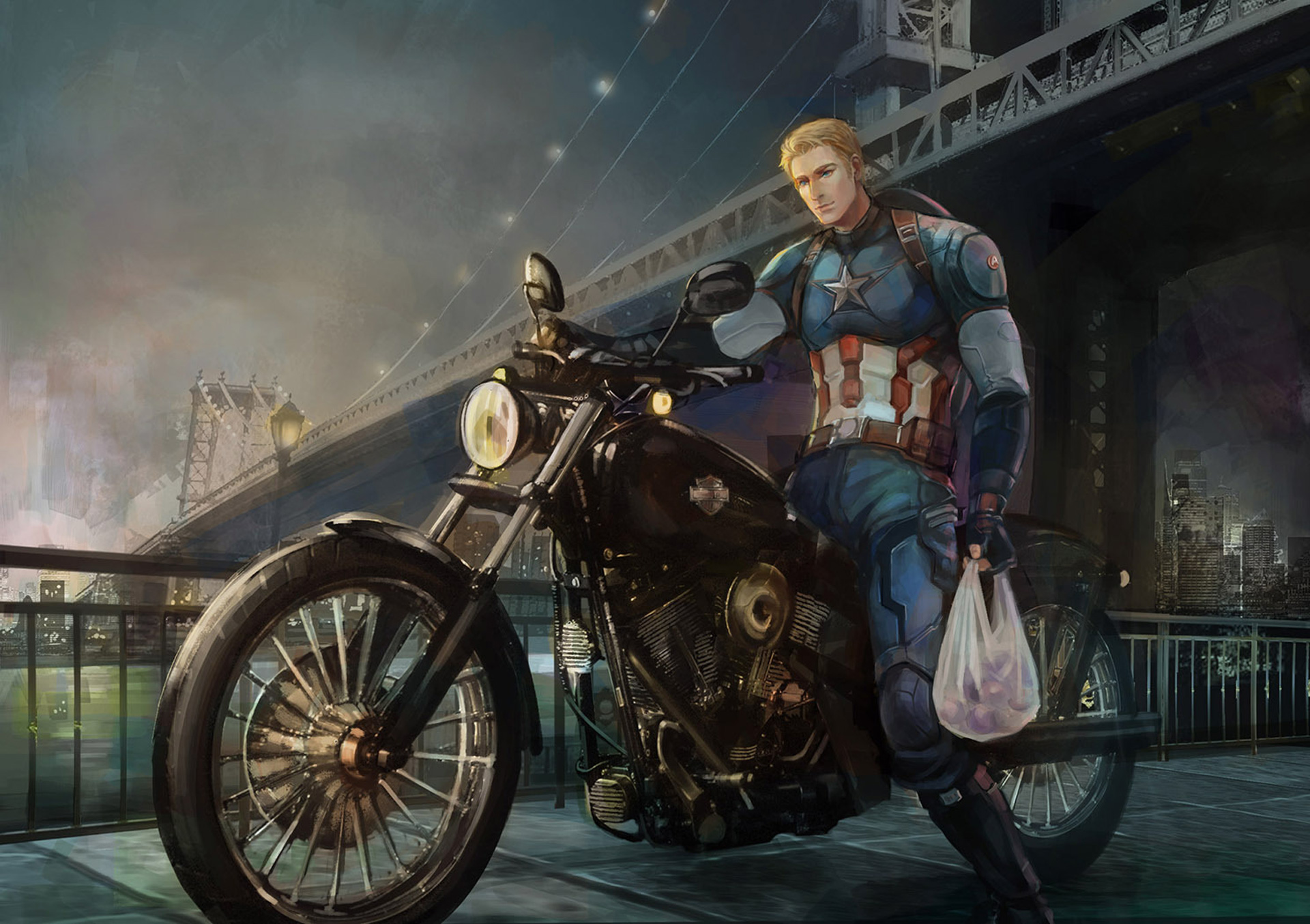 Captain America on a motorcycle in New York City HD Wallpaper