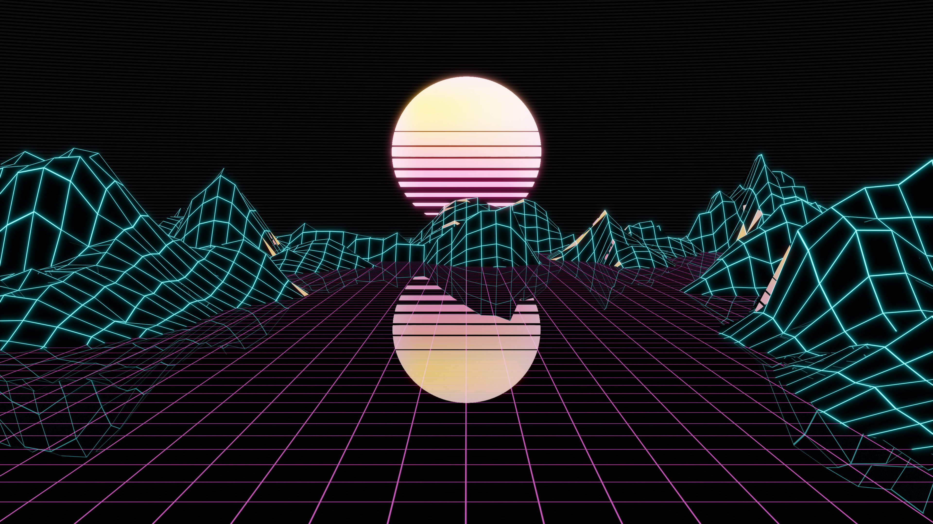 Retrowave digital art with mountains and sun HD Wallpaper