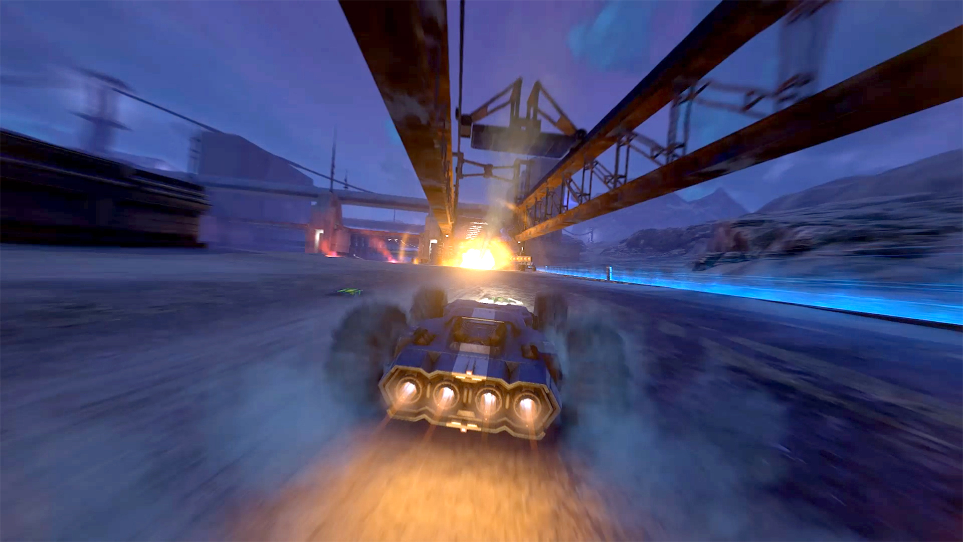 Racing vehicle with glowing engines in a futuristic industrial setting HD Wallpaper