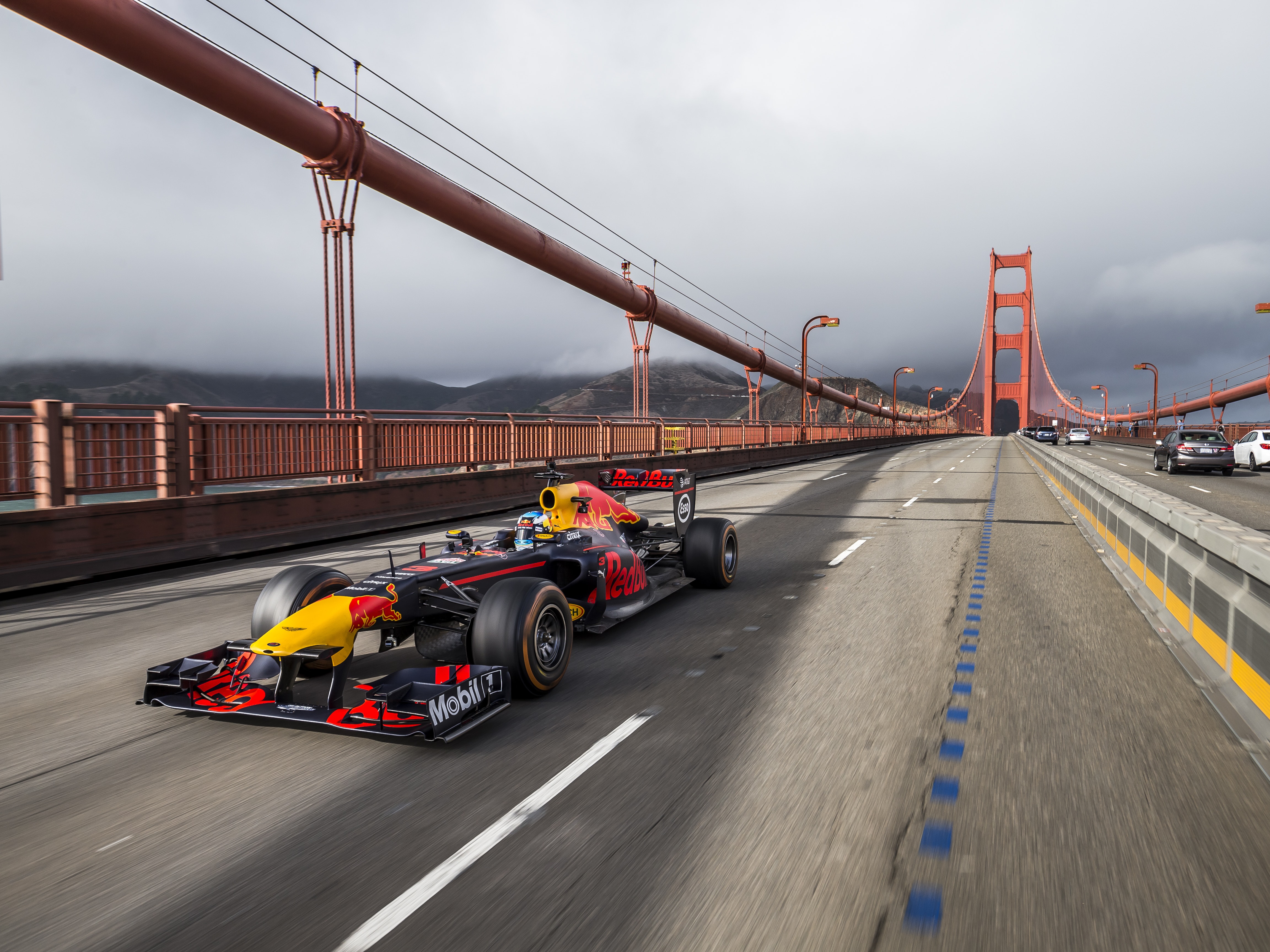 Red Bull F1 car on the Golden Gate Bridge HD Wallpaper