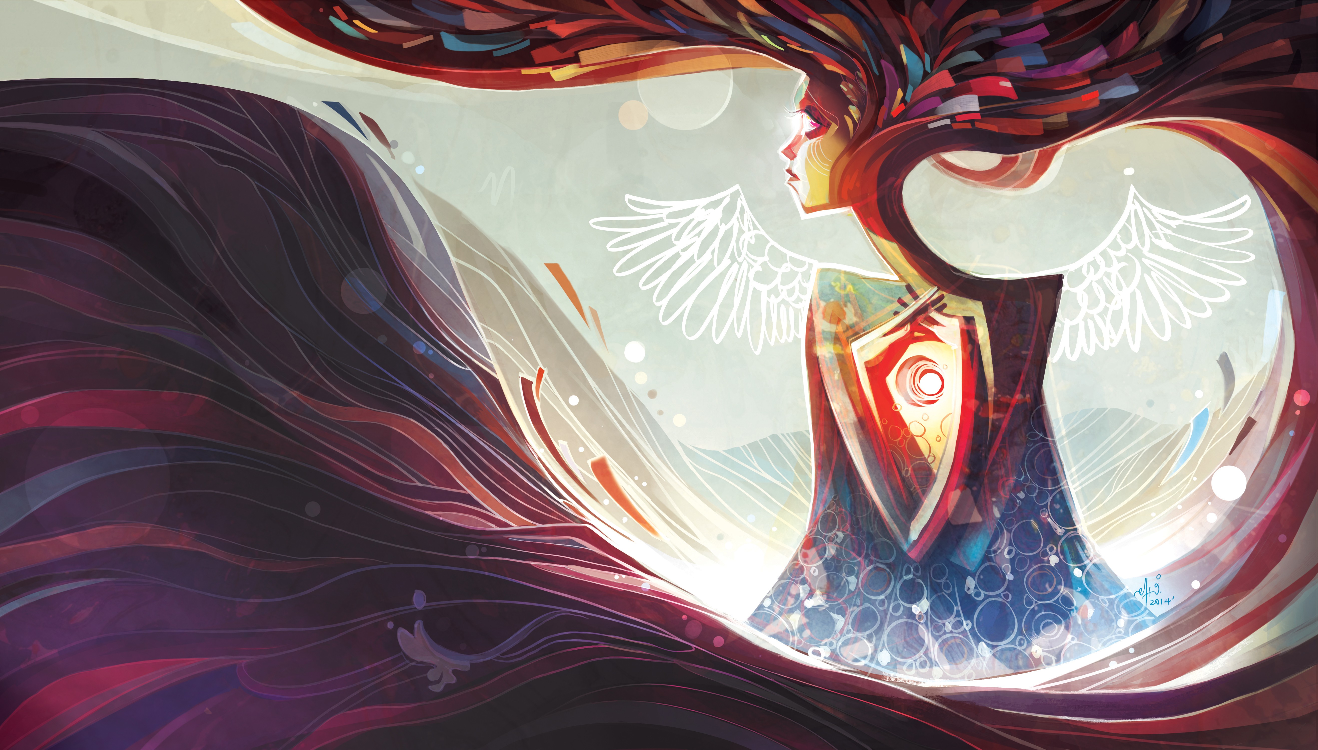 Artwork of a woman with flowing hair and wings HD Wallpaper