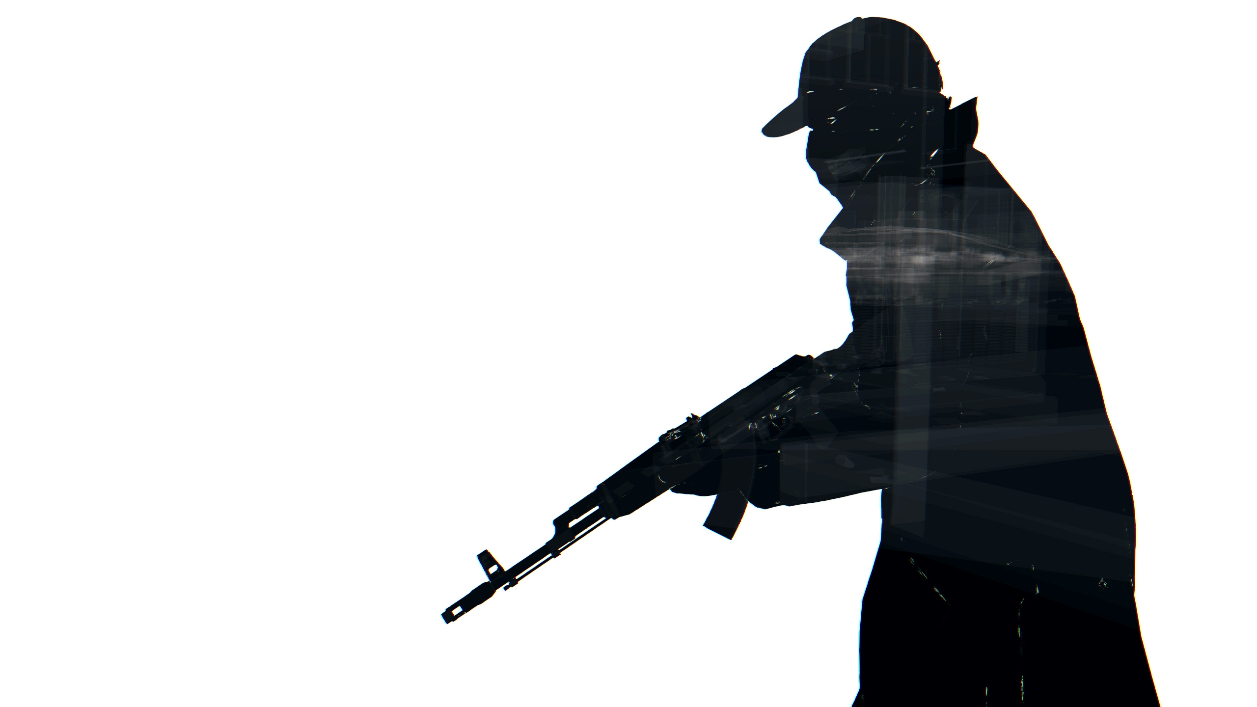 Silhouette of a person holding an assault rifle HD Wallpaper