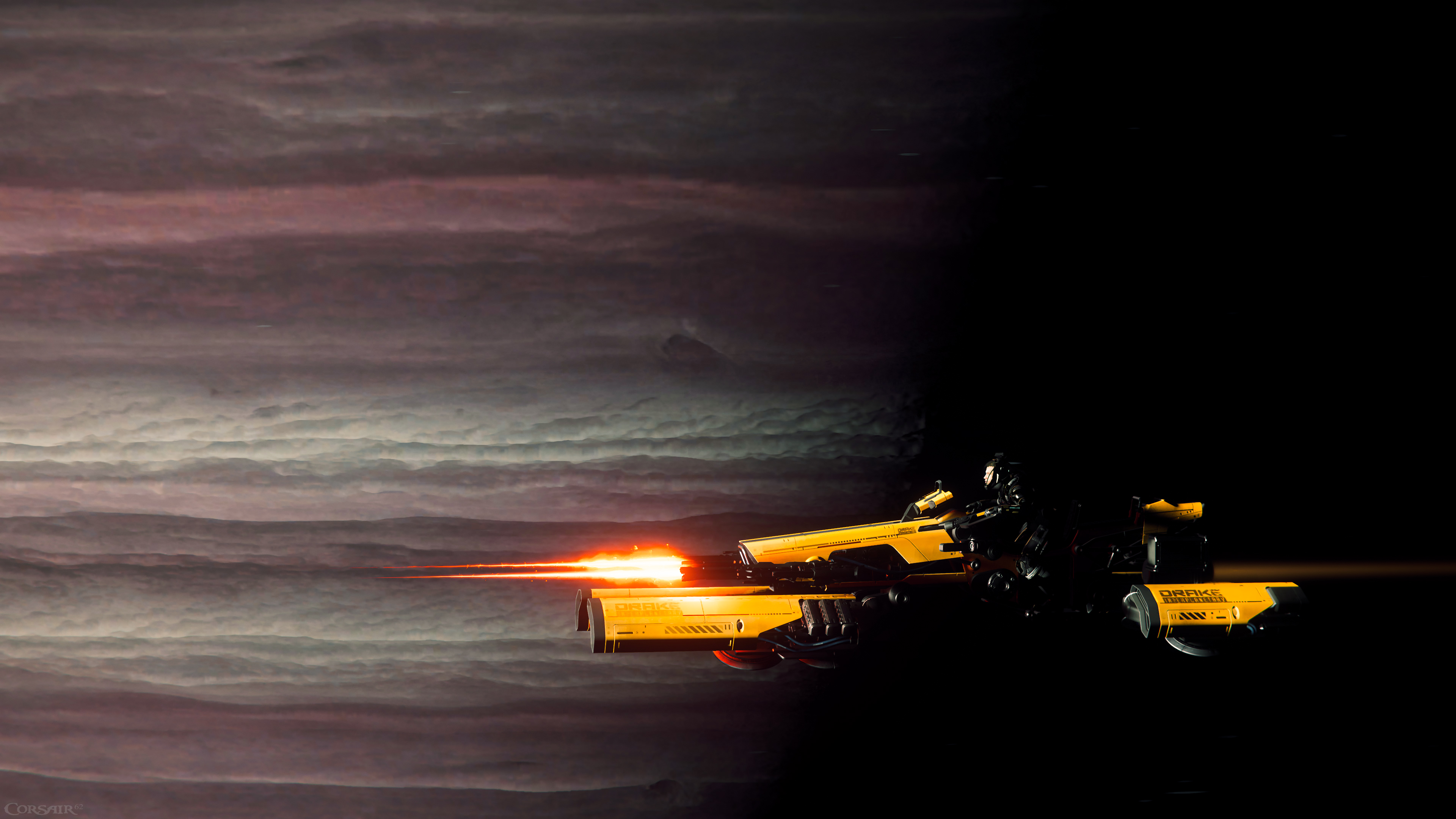 Star Citizen spaceship firing weapon in clouds 4K HD Wallpaper