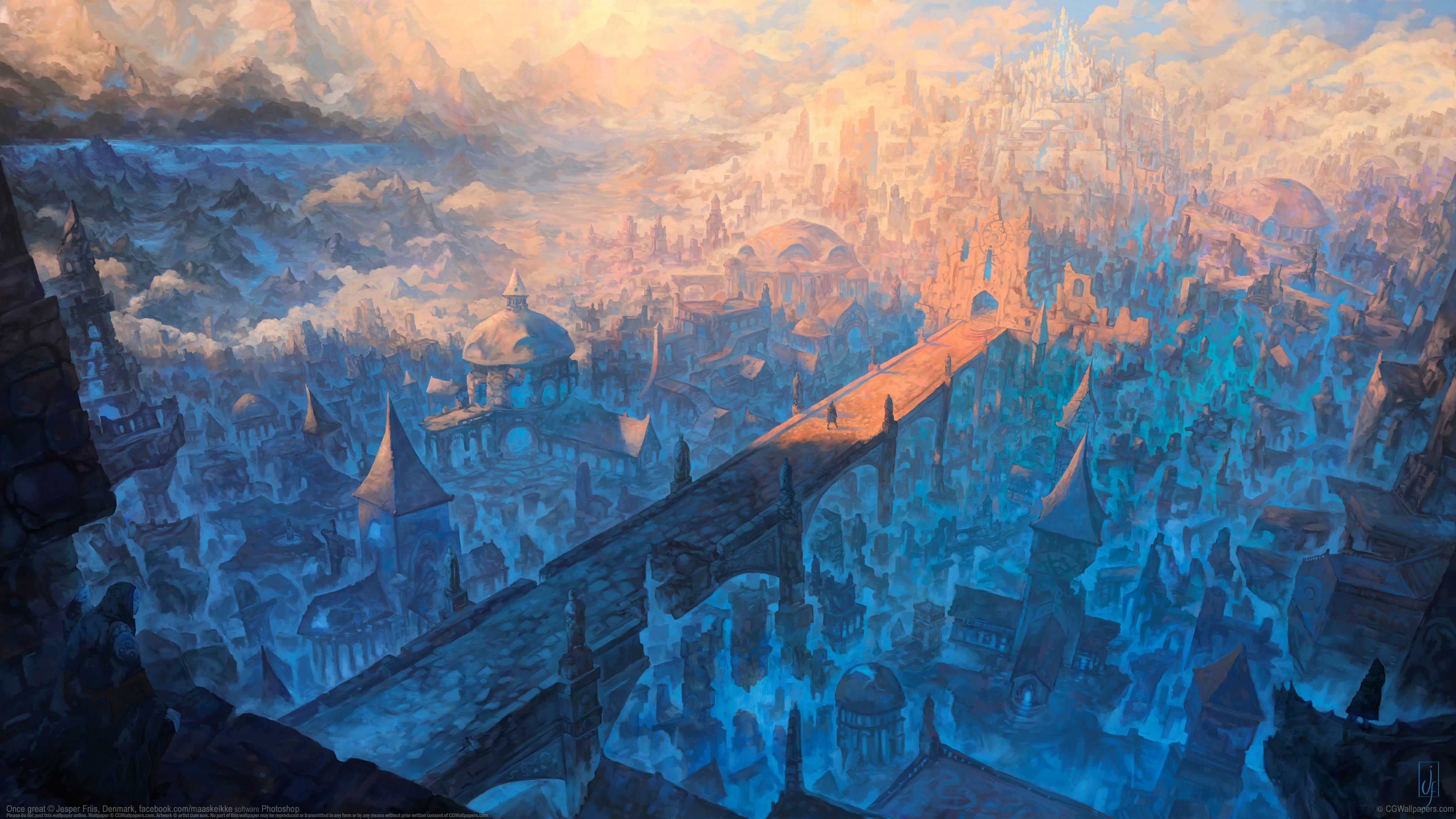 Digital artwork of a fantasy city with a bridge HD Wallpaper