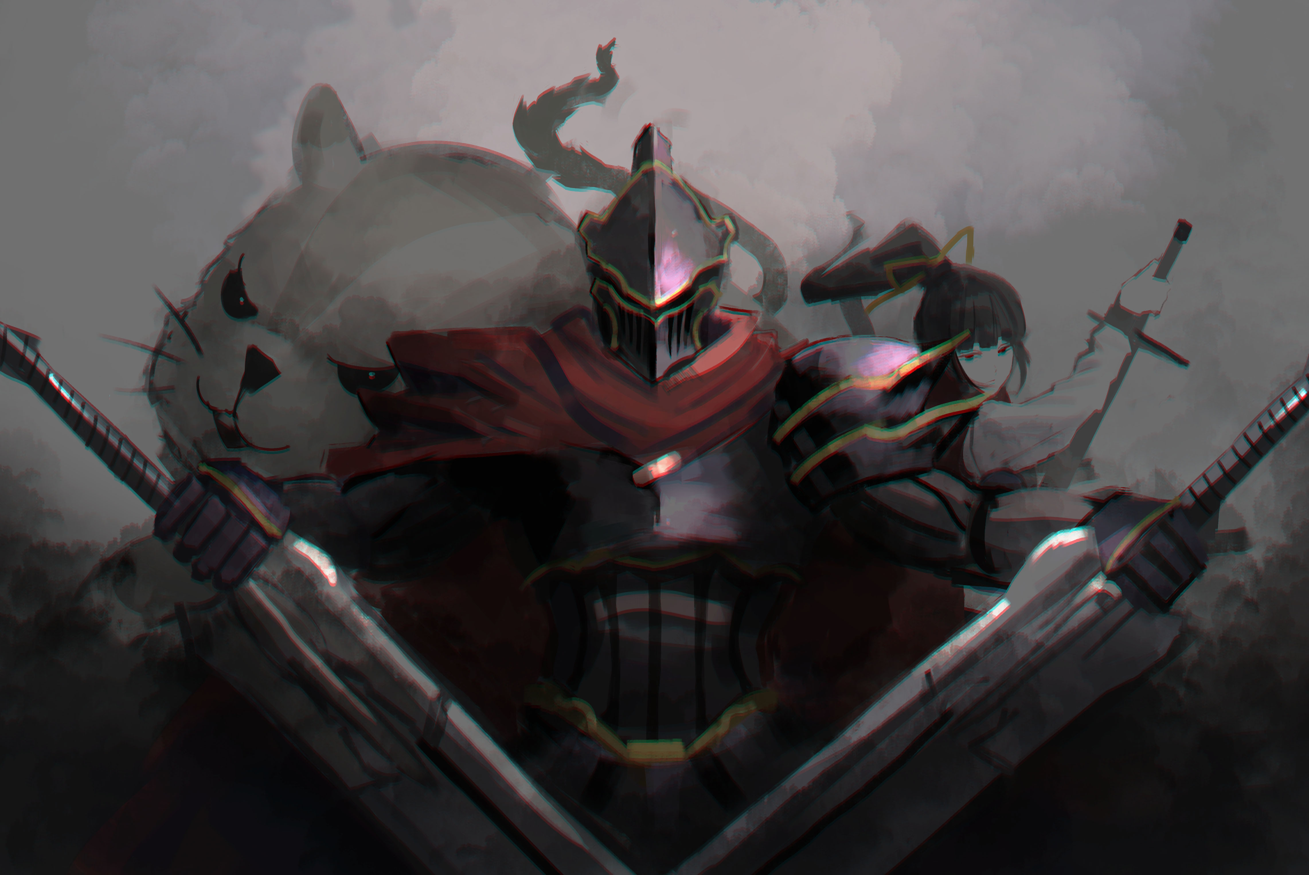 Ainz Ooal Gown and Albedo with a cat-like creature HD Wallpaper
