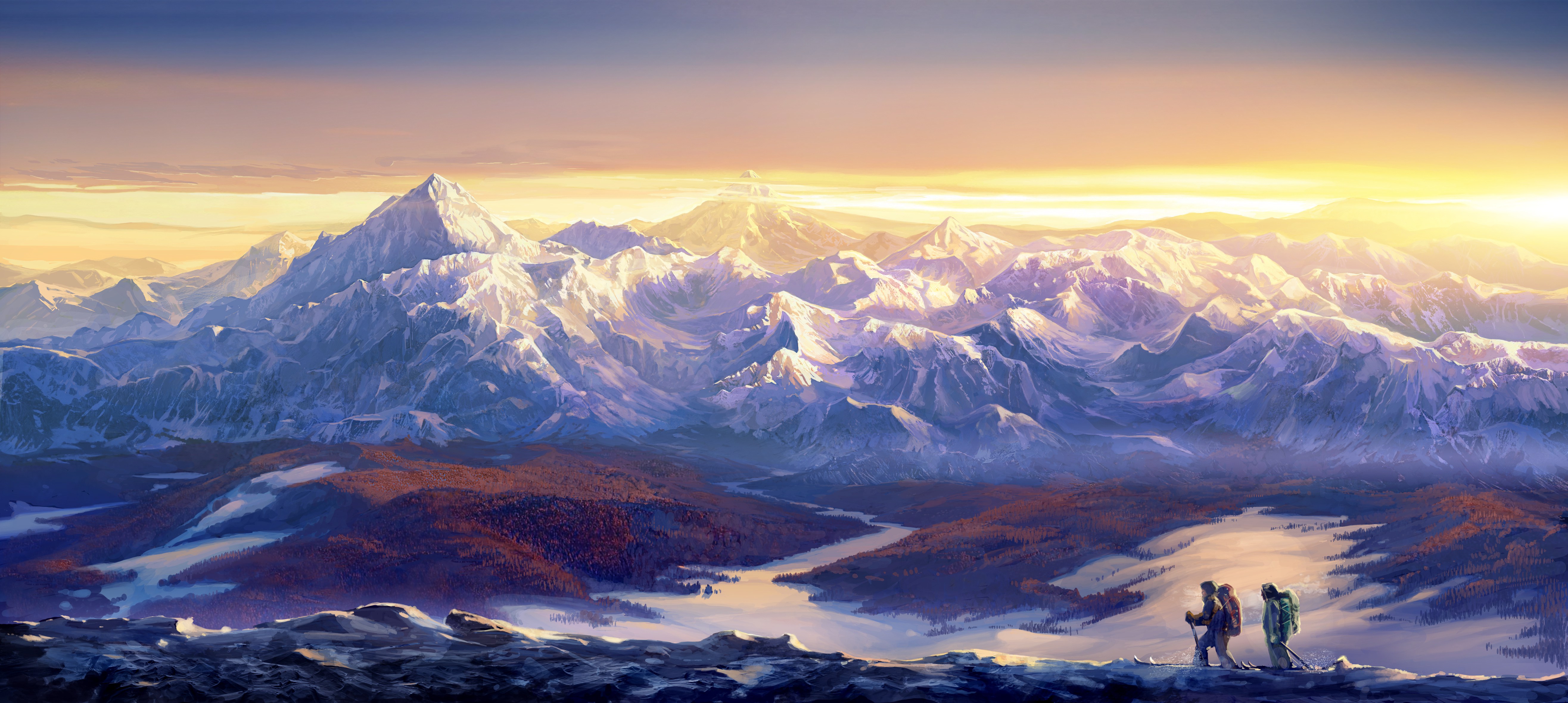 Two hikers ascend a snowy mountain range at sunrise HD Wallpaper