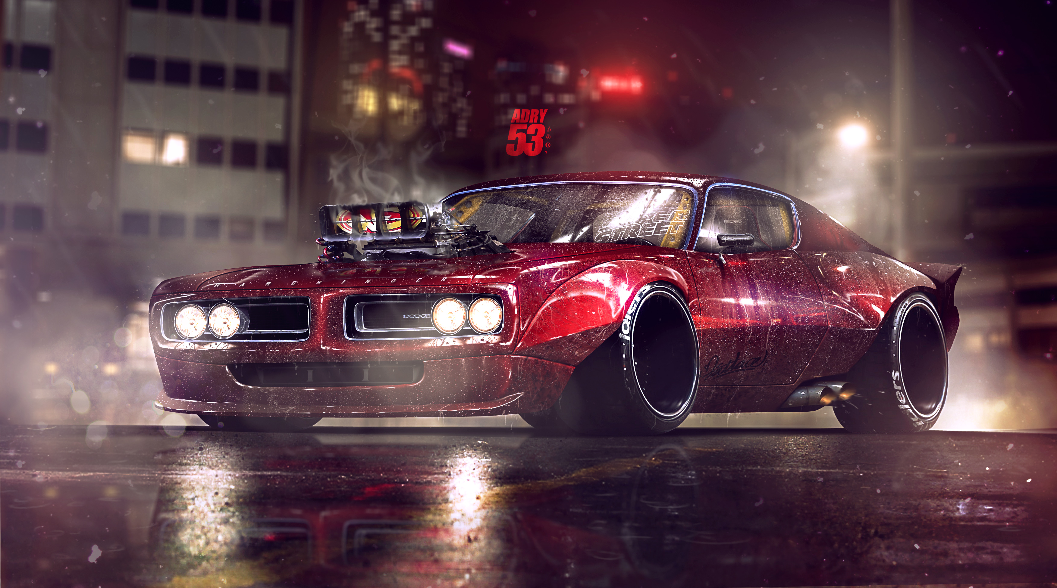 4K Digital Art of Red Dodge Charger at Night HD Wallpaper