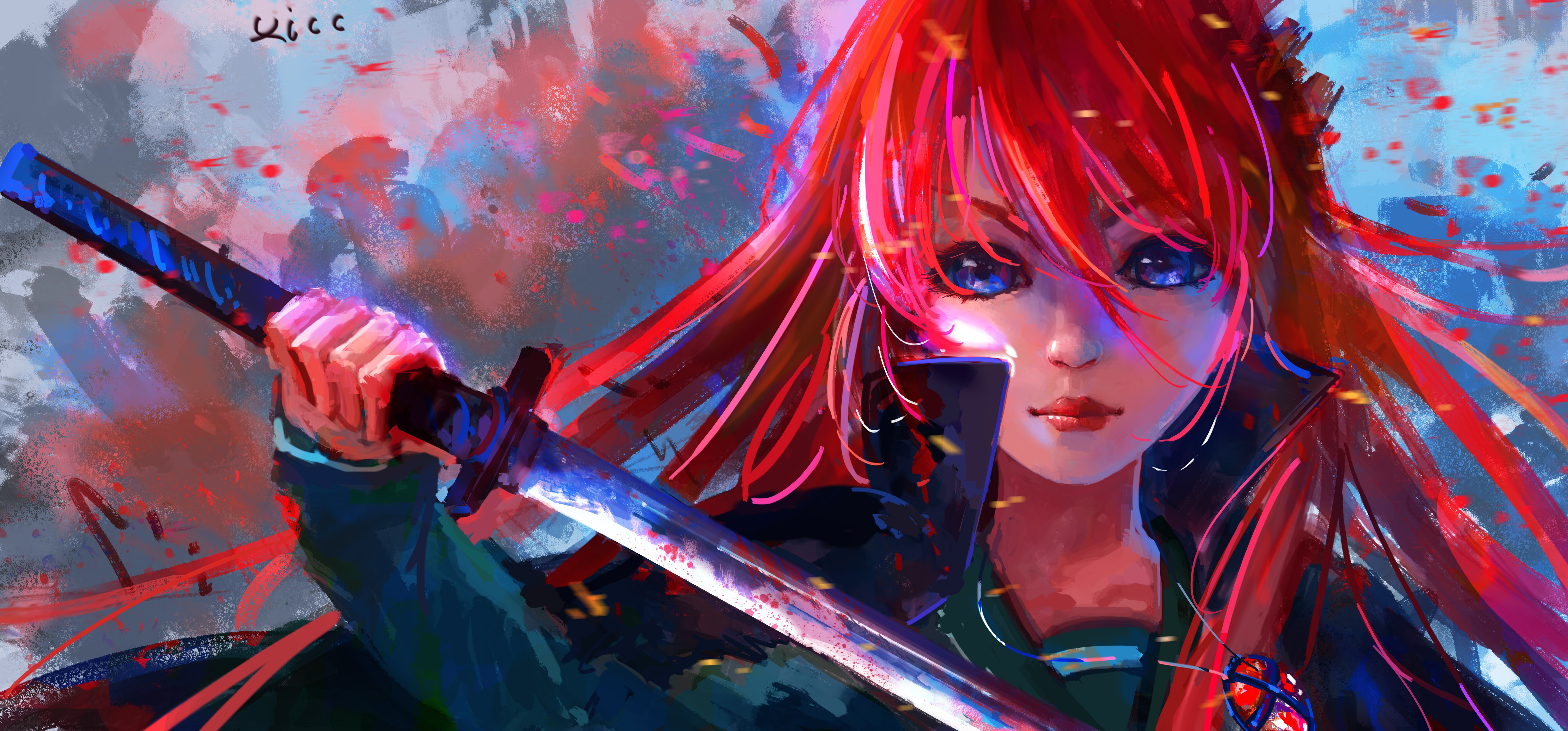 Anime girl with red hair holding a katana HD Wallpaper