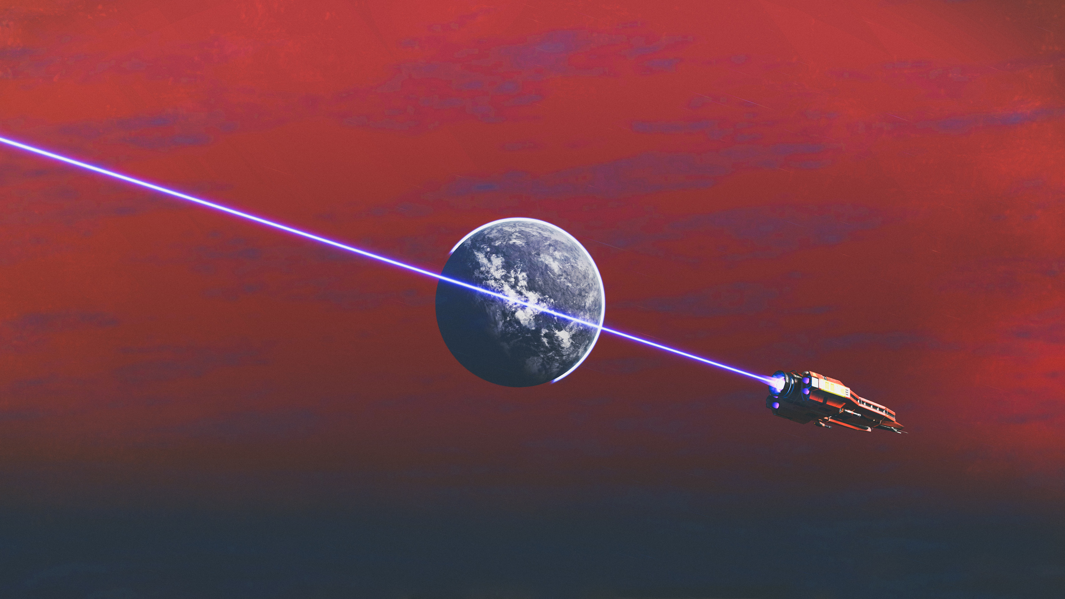 No Man's Sky: Spaceship fires laser at planet HD Wallpaper