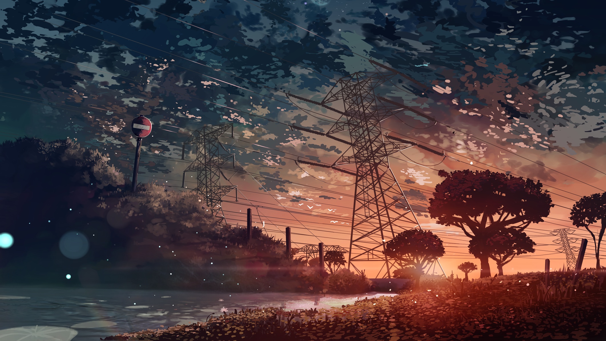 Anime landscape with power lines and sunset HD Wallpaper