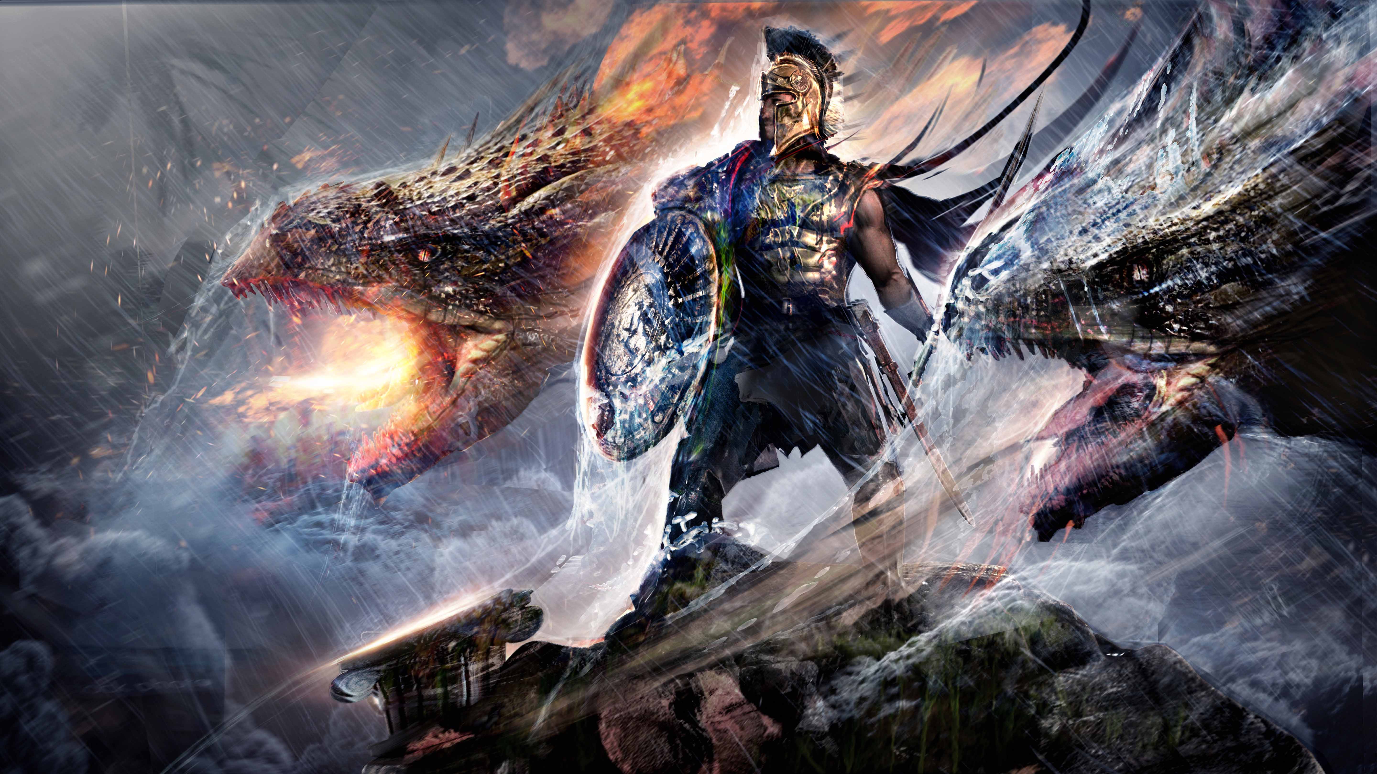 Spartan warrior fighting a dragon in 4K HD Wallpaper