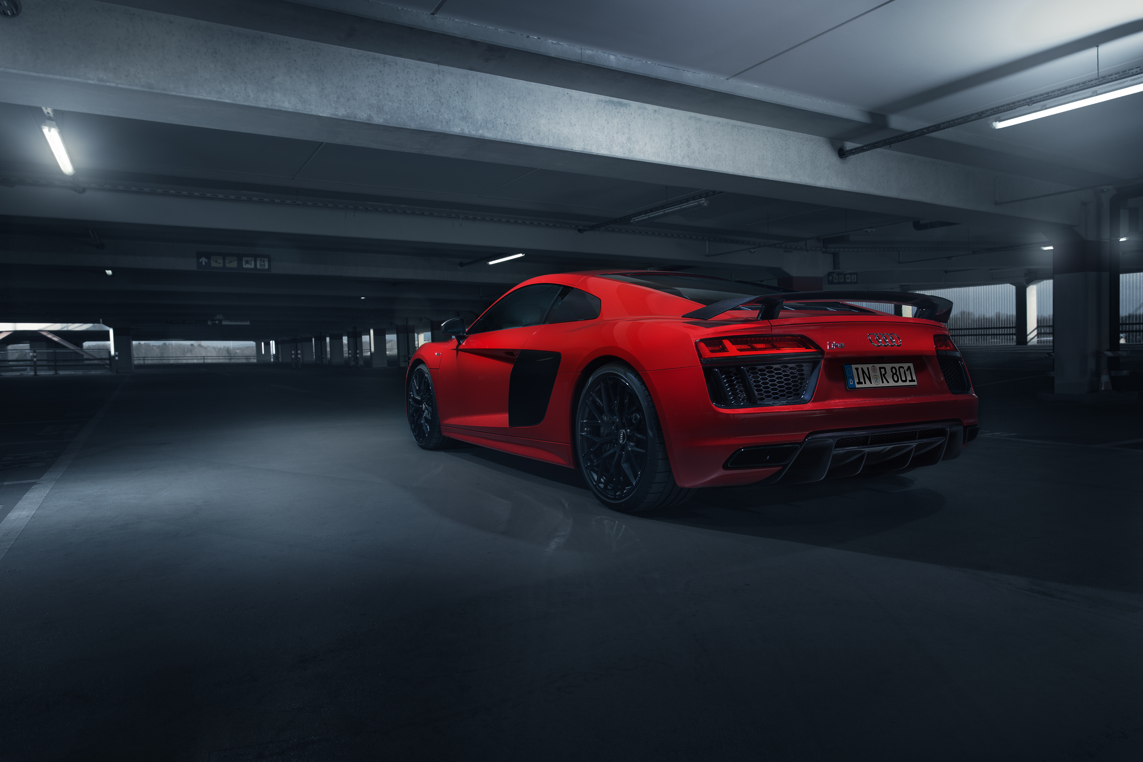 Red Audi R8 in a Parking Garage HD Wallpaper