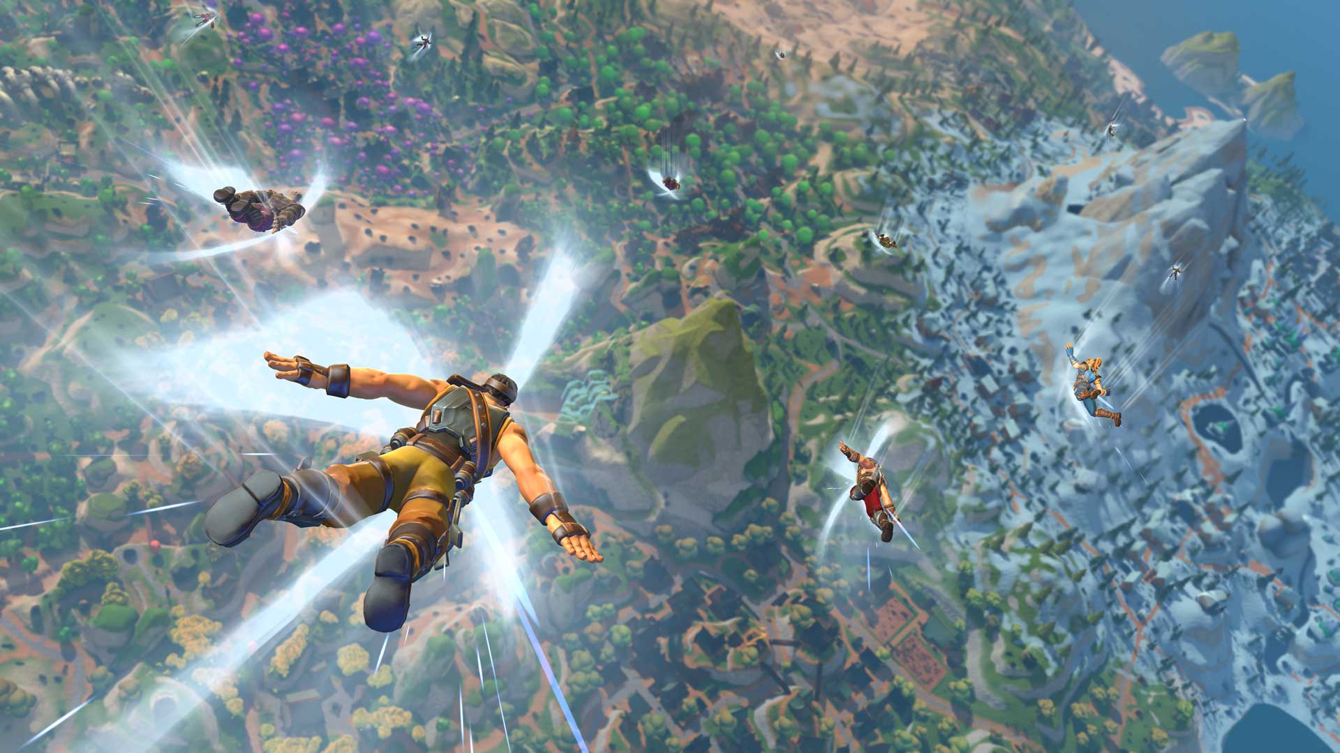 Realm Royale characters skydiving over a landscape HD Wallpaper