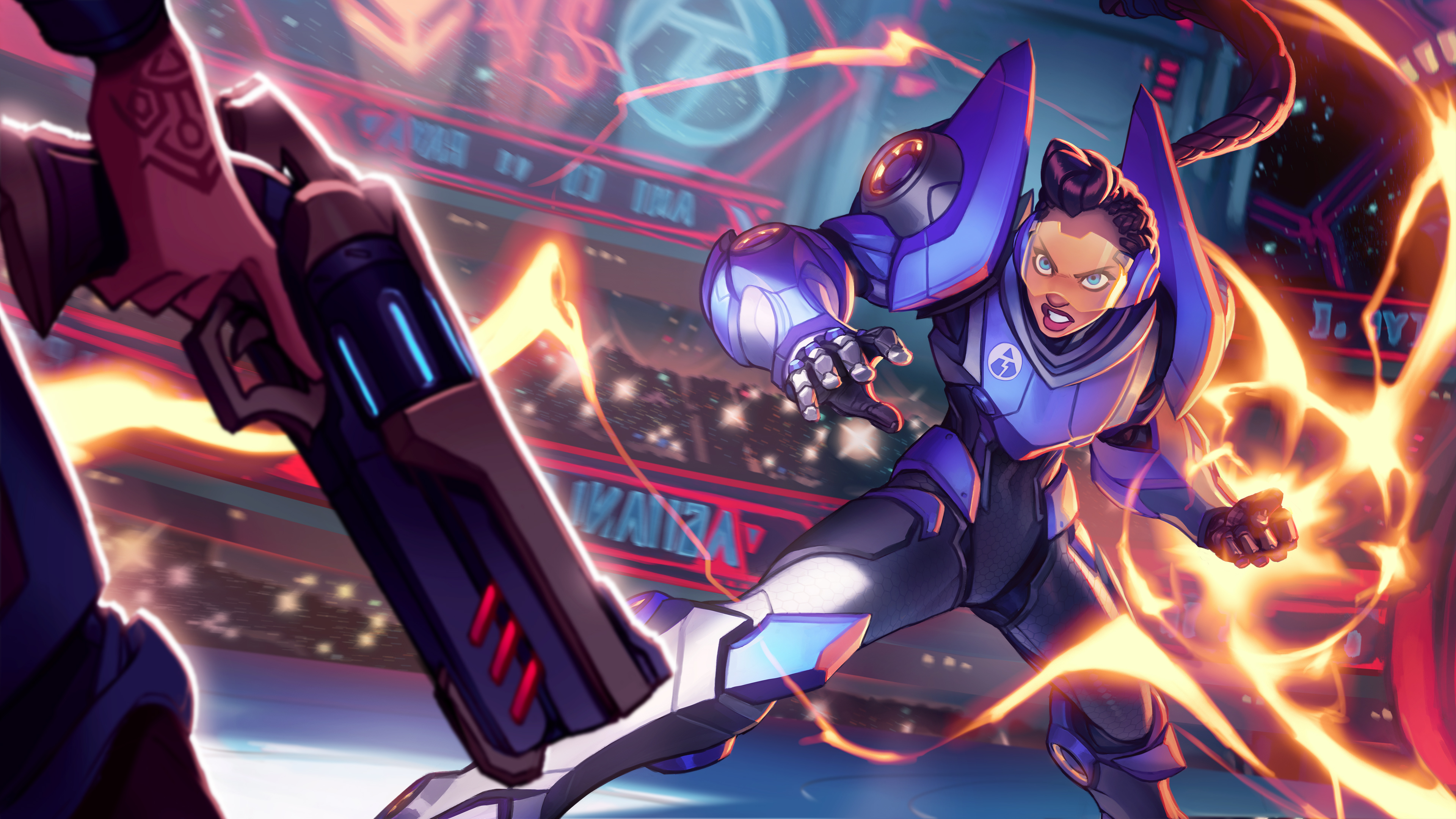 Woman in blue armor in combat arena HD Wallpaper