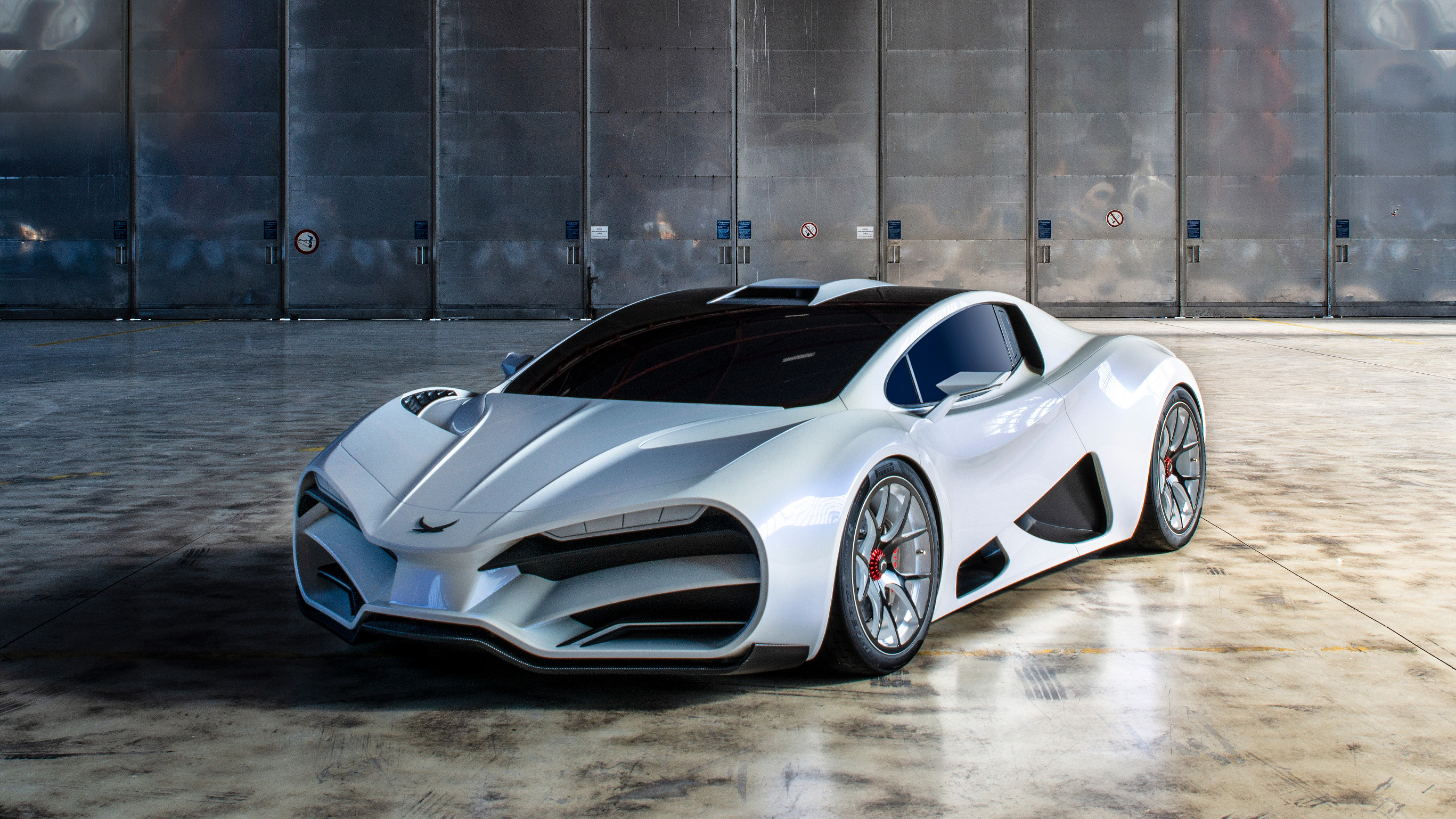 White futuristic concept car in a hangar HD Wallpaper