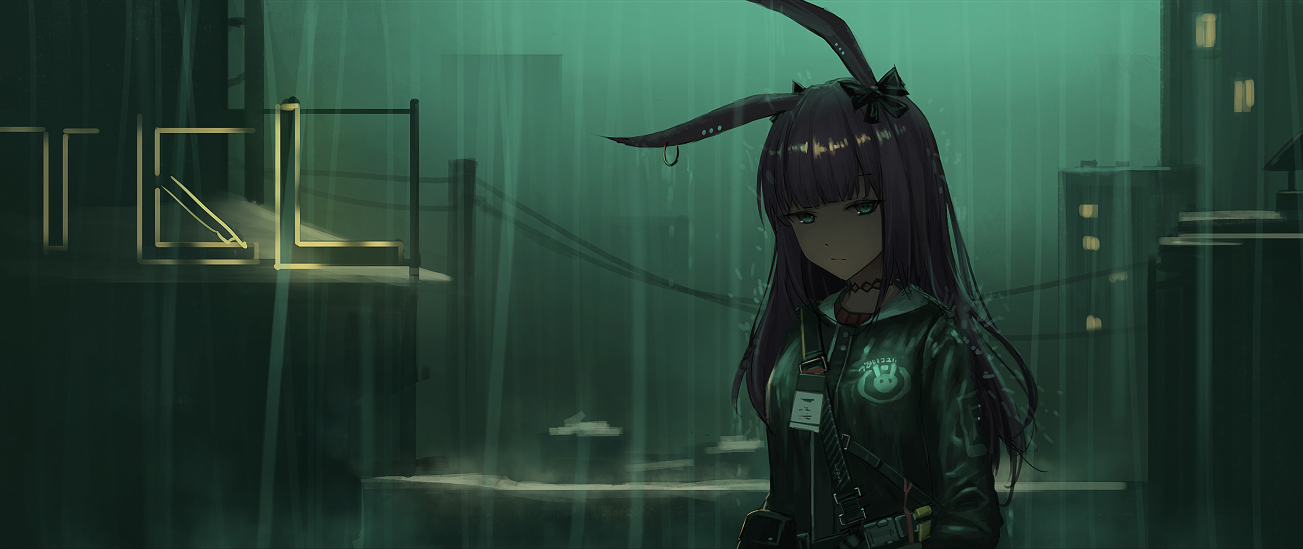 Anime girl with bunny ears in the rain HD Wallpaper