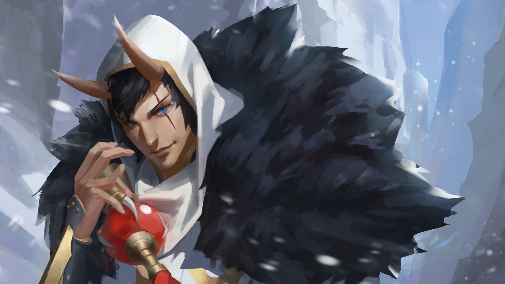 Anime character with horns and a white hood in snow HD Wallpaper