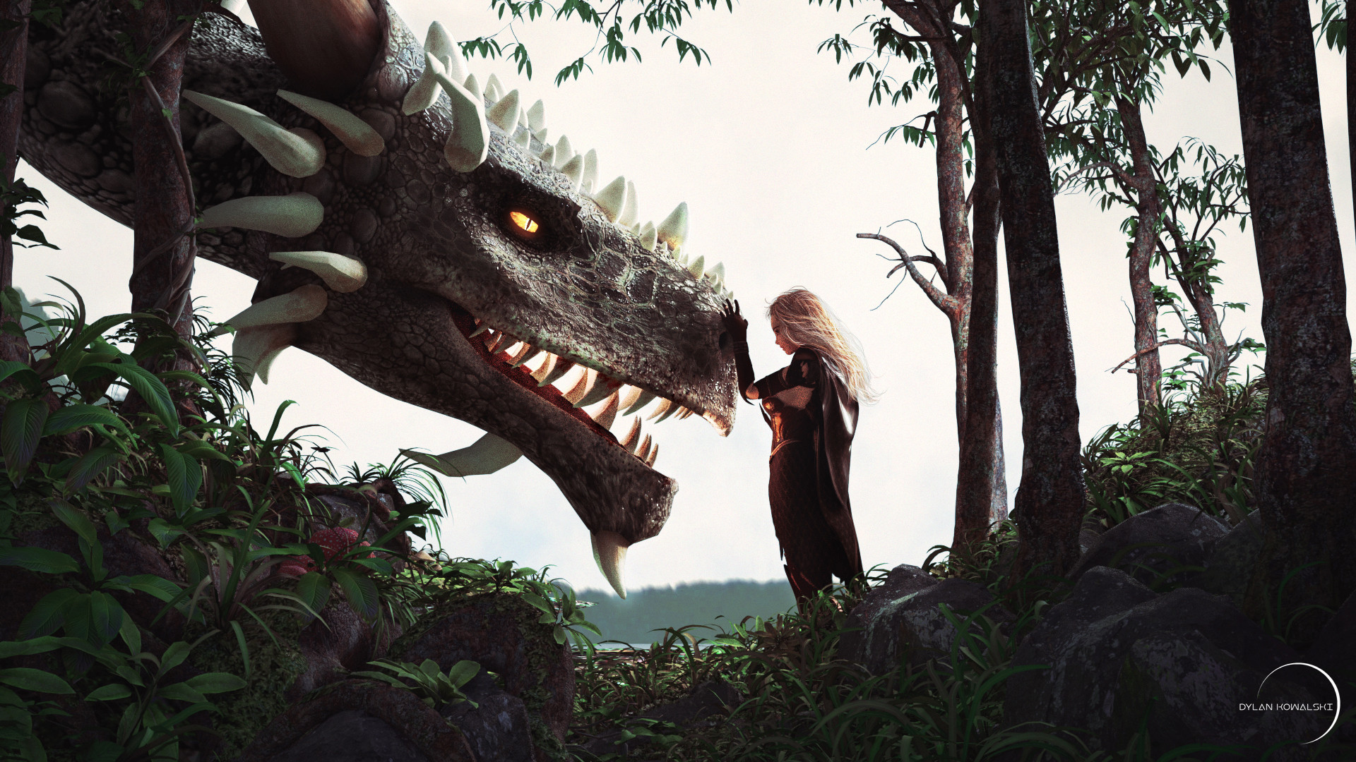 Dragon and Woman in a Forest HD Wallpaper