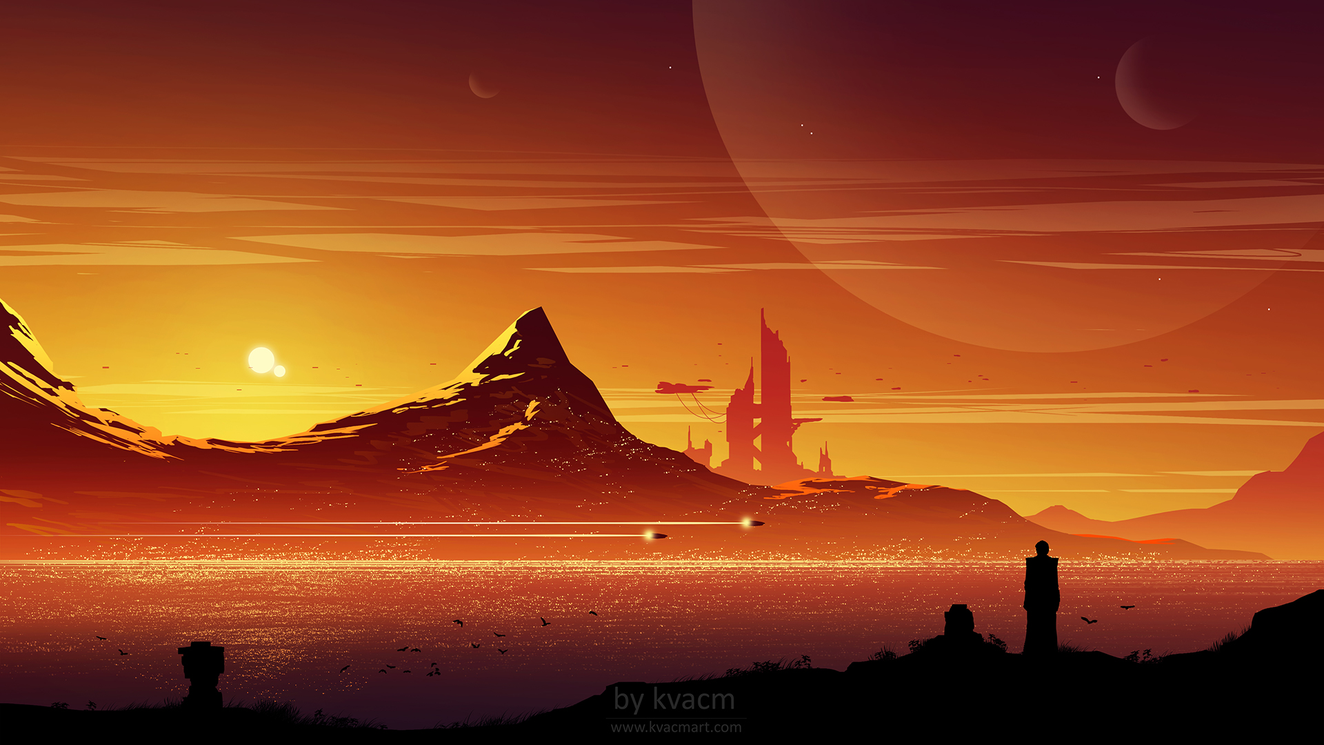 Digital art of a futuristic alien landscape at sunset HD Wallpaper
