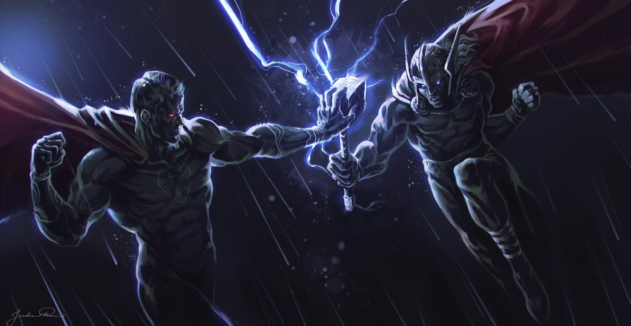 Superman and Thor clash with lightning and rain HD Wallpaper