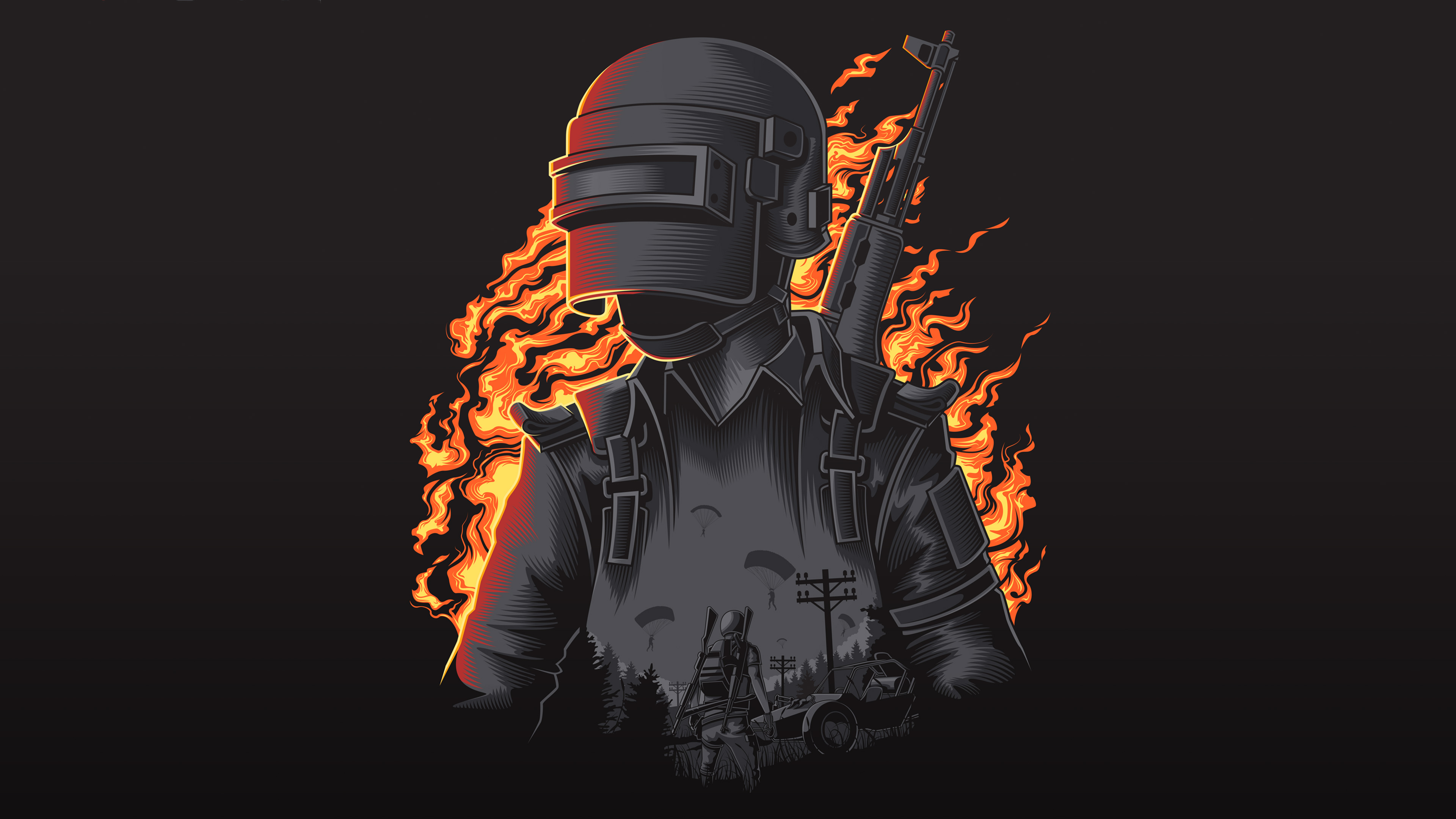 PlayerUnknown's Battlegrounds character with flames and rifle HD Wallpaper