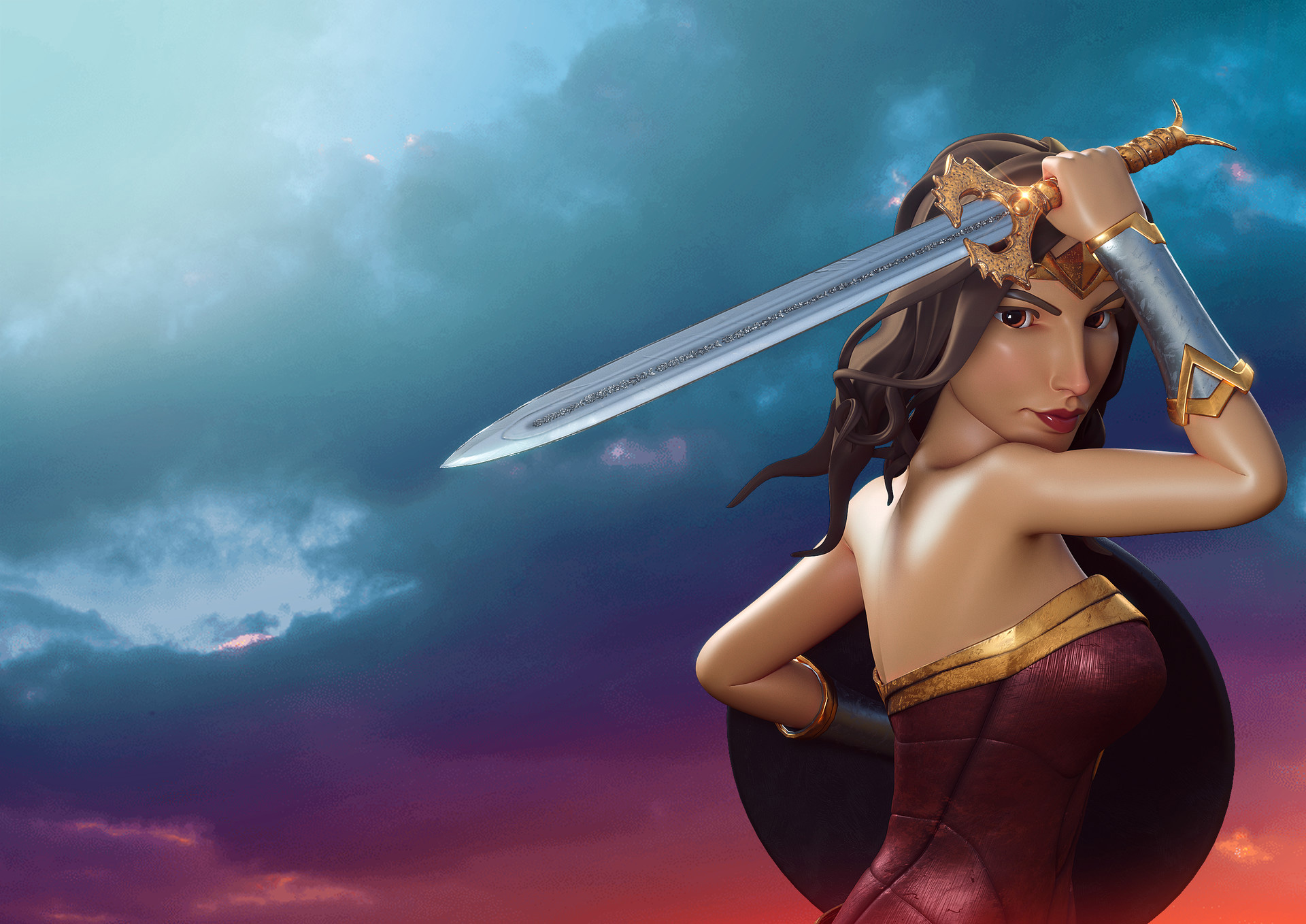 Wonder Woman holding her sword against a cloudy sky HD Wallpaper