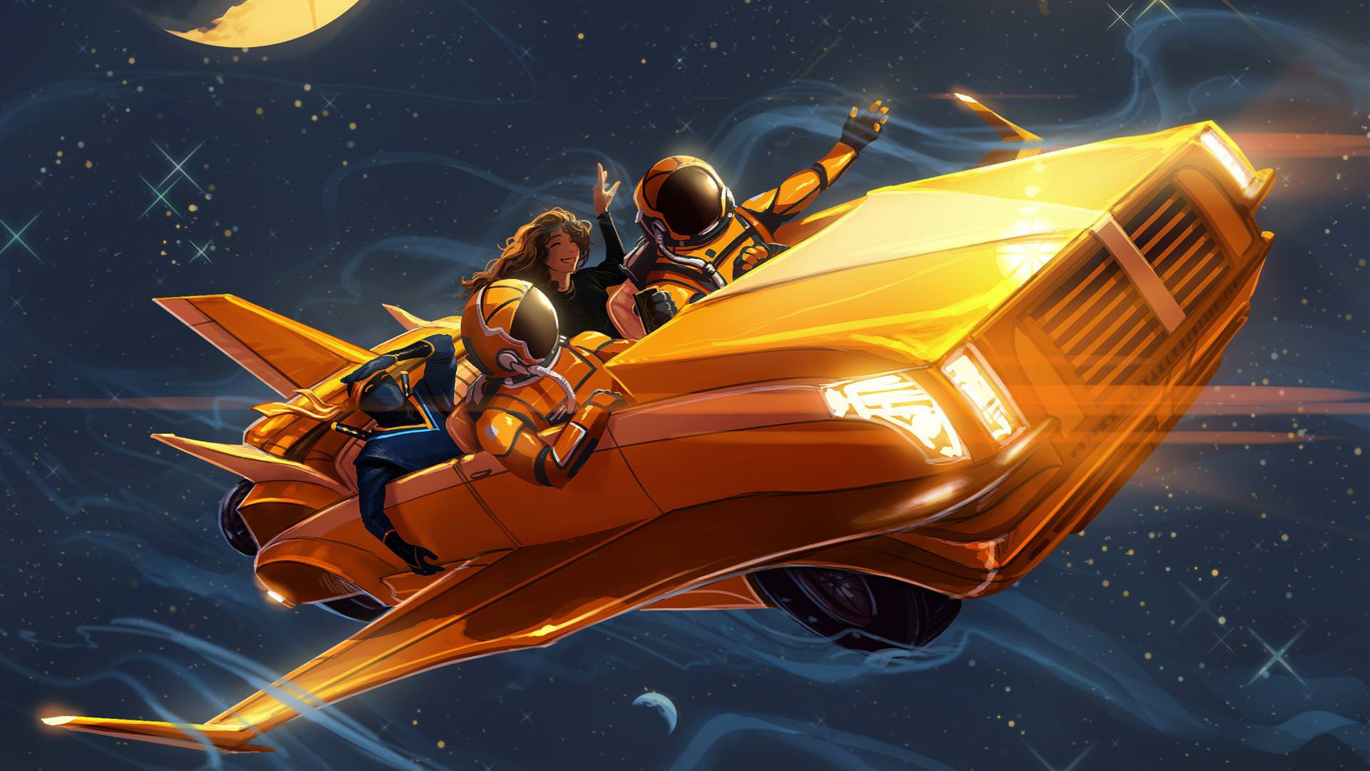 Astronauts riding a golden spaceship through space HD Wallpaper