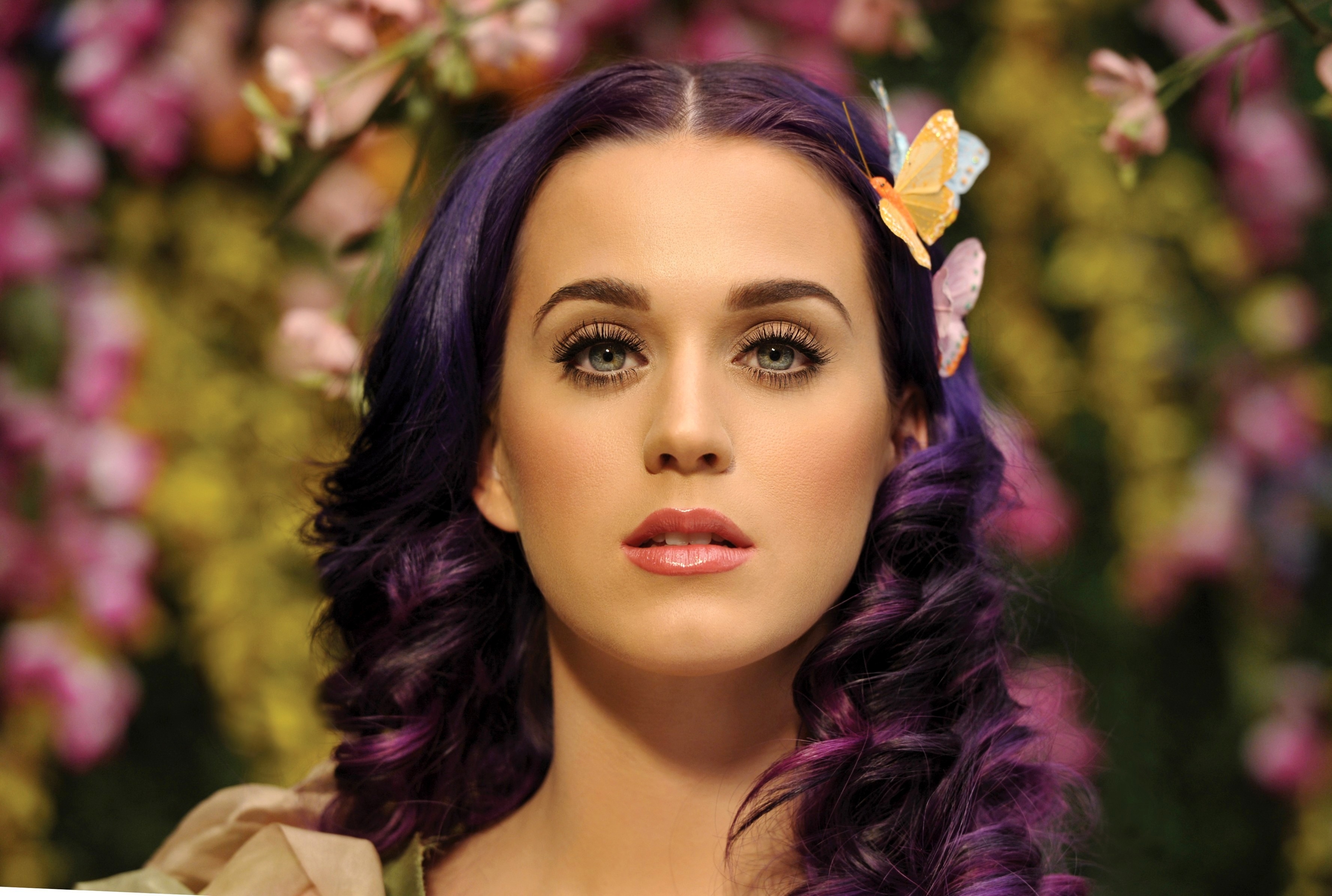 Katy Perry with purple hair and butterflies HD Wallpaper