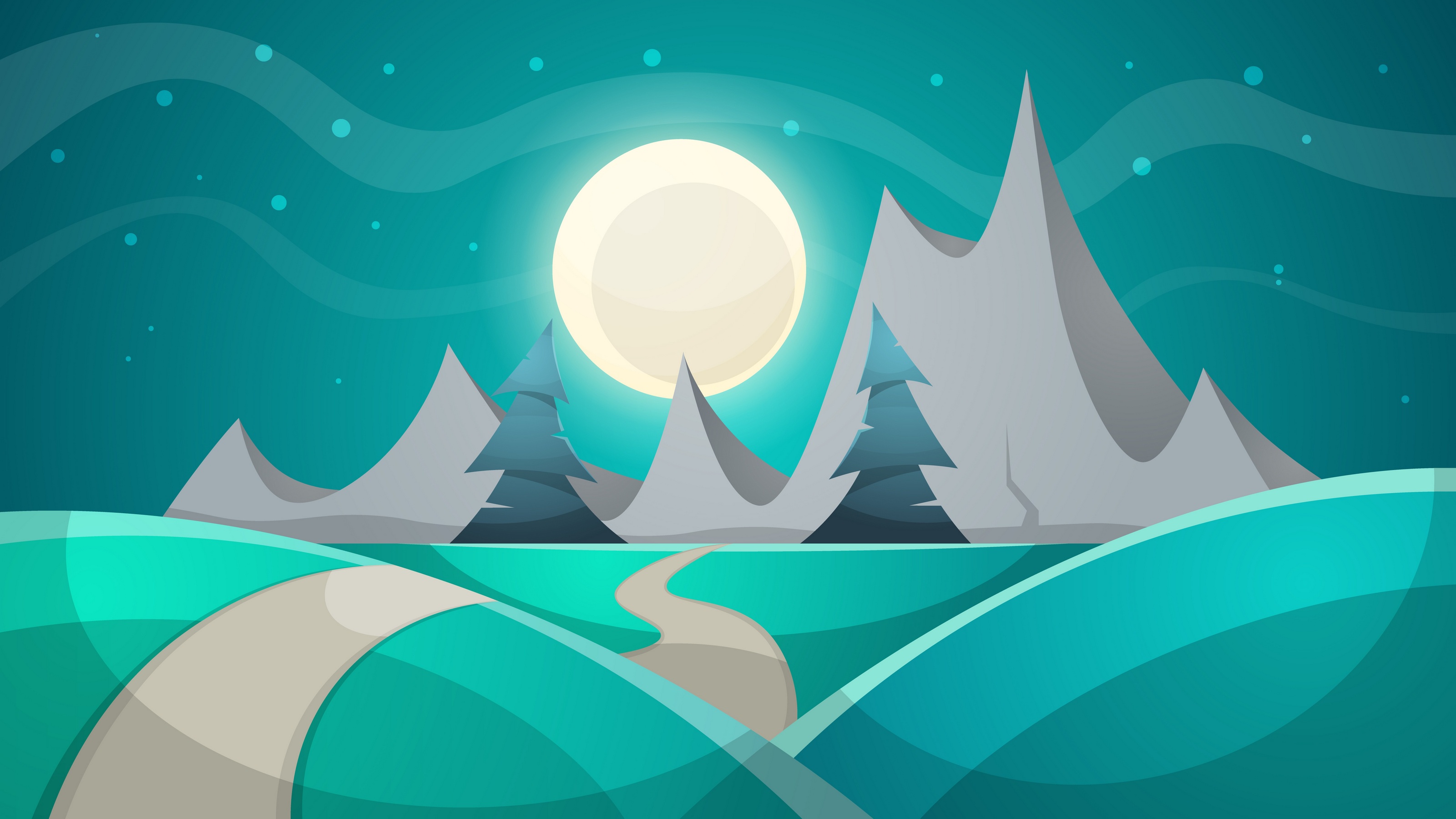 Minimalist winter landscape with moon and mountains HD Wallpaper
