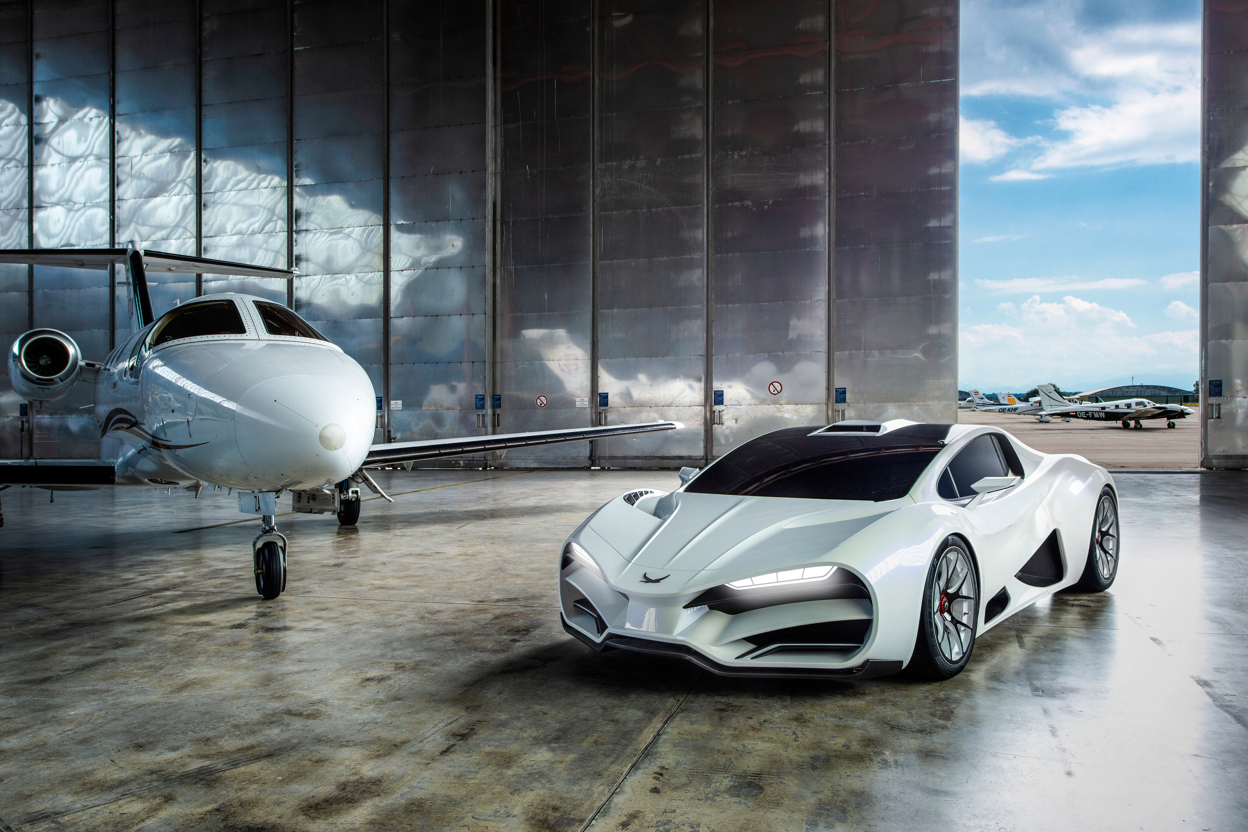 White futuristic car and private jet in hangar HD Wallpaper