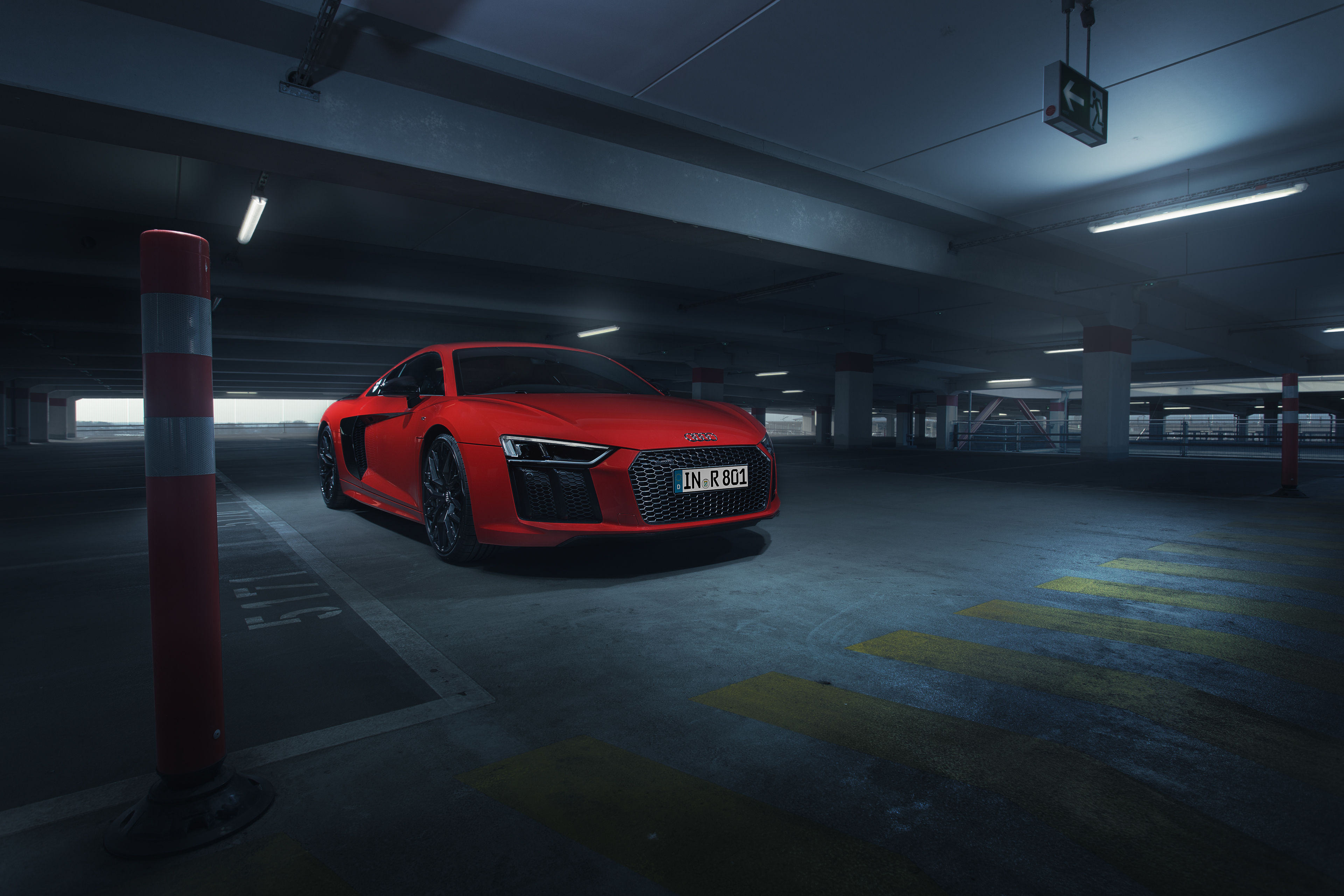 Red Audi R8 in a Parking Garage HD Wallpaper