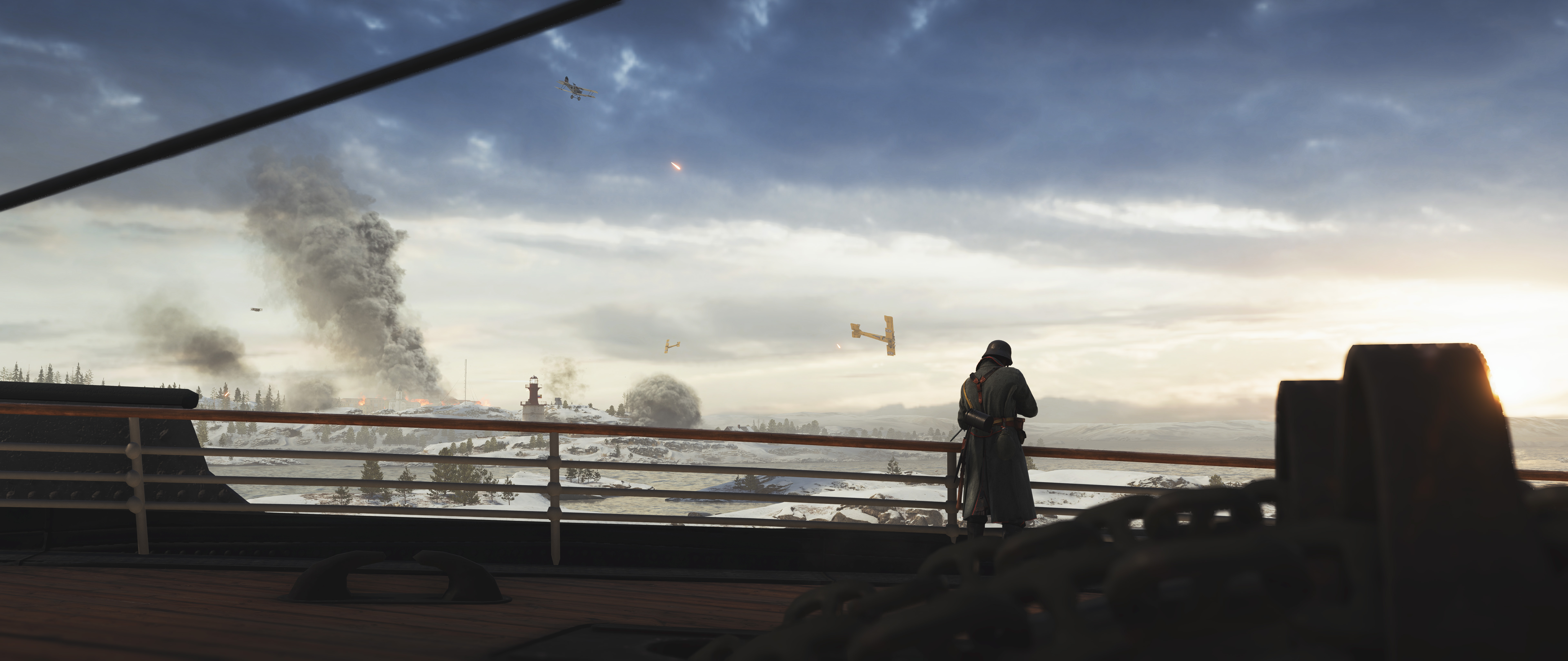 Battlefield 1 soldier on ship overlooking battle HD Wallpaper