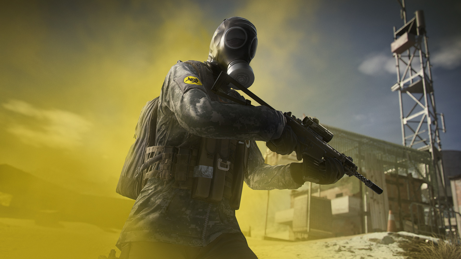 Soldier in gas mask holding a rifle in yellow fog HD Wallpaper