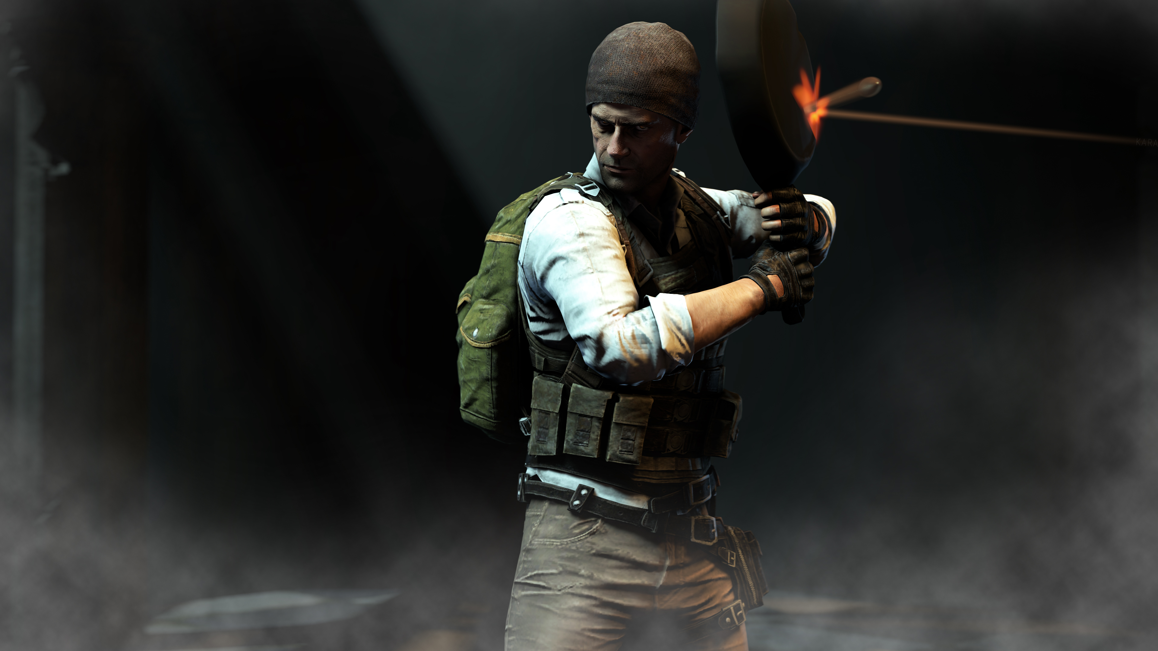 PlayerUnknown's Battlegrounds character with frying pan HD Wallpaper